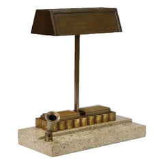 Original Art Deco Bronze Desk Lamp with Fossiliferous Limestone Base