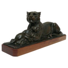 Original Art Deco Bronze Sculpture of a Lioness with Cubs French, circa 1920