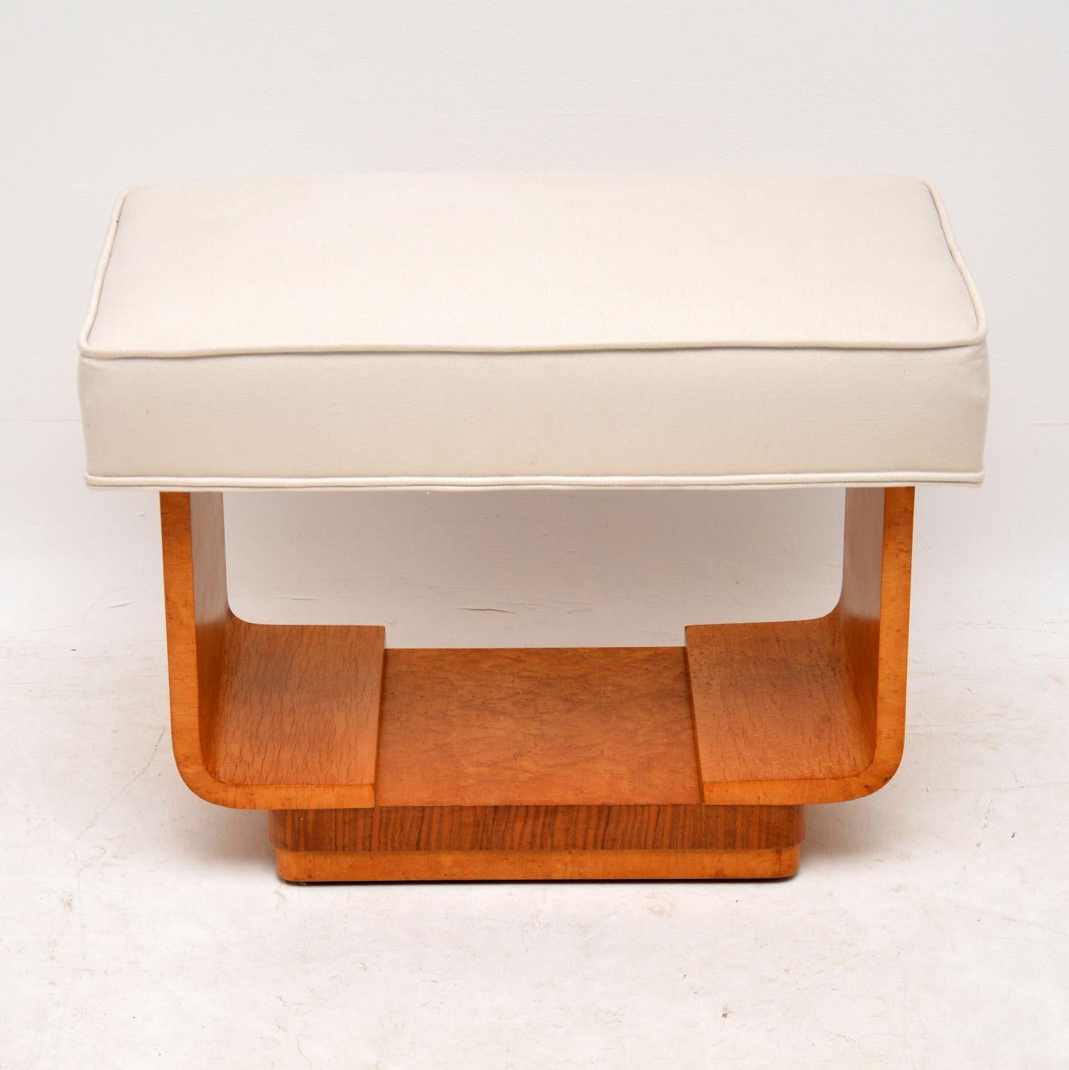 Original and very stylish Art Deco stool, dating from the 1930s period and in excellent original condition. The woods are birds eye maple, walnut and perhaps sycamore. We have just had this stool re-polished to a high standard and re-upholstered in