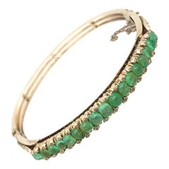 Original Art Deco Cabochon Emerald Diamonds 18K White Gold Bangle