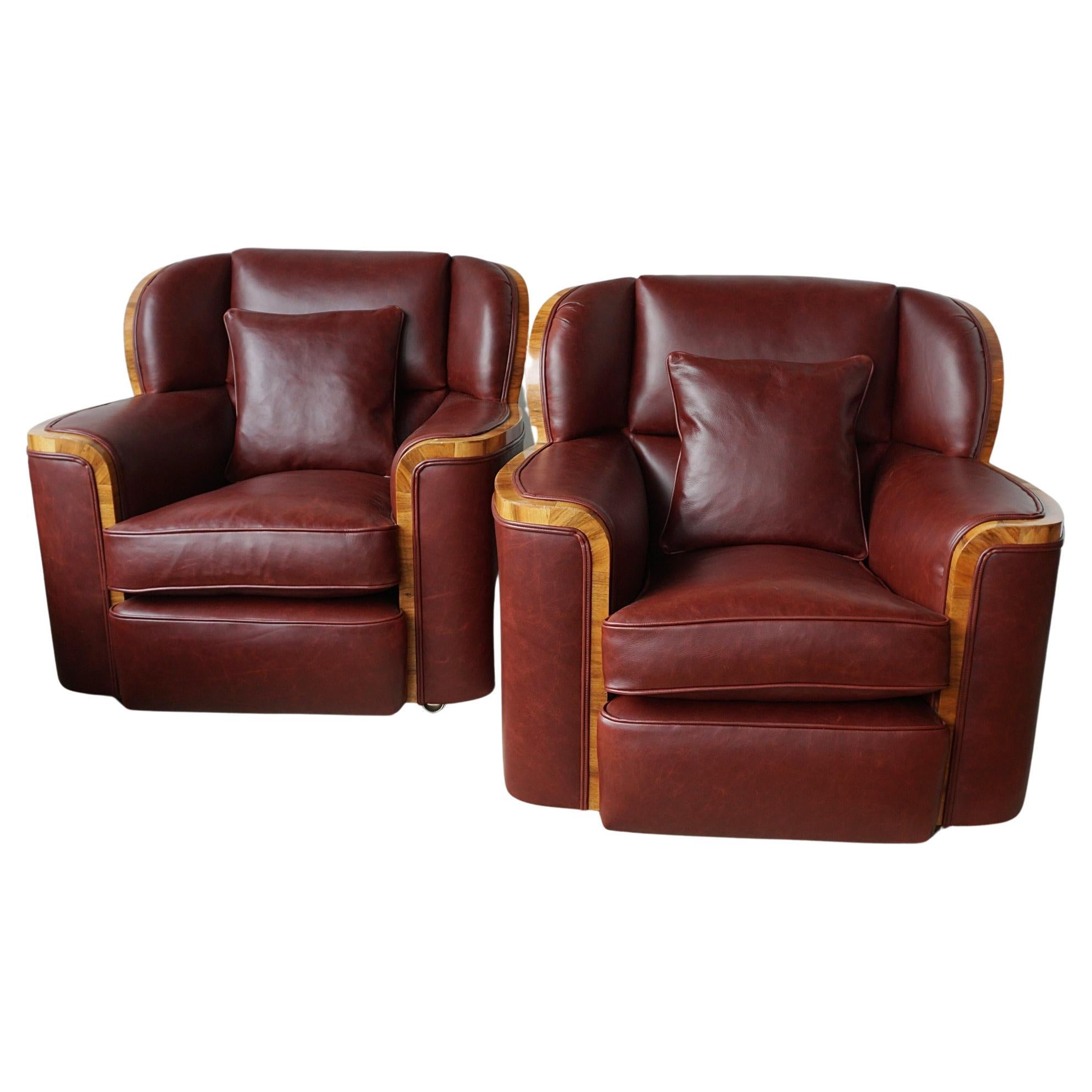 Original Art Deco Chestnut Leather and Walnut Bankers Armchairs  For Sale