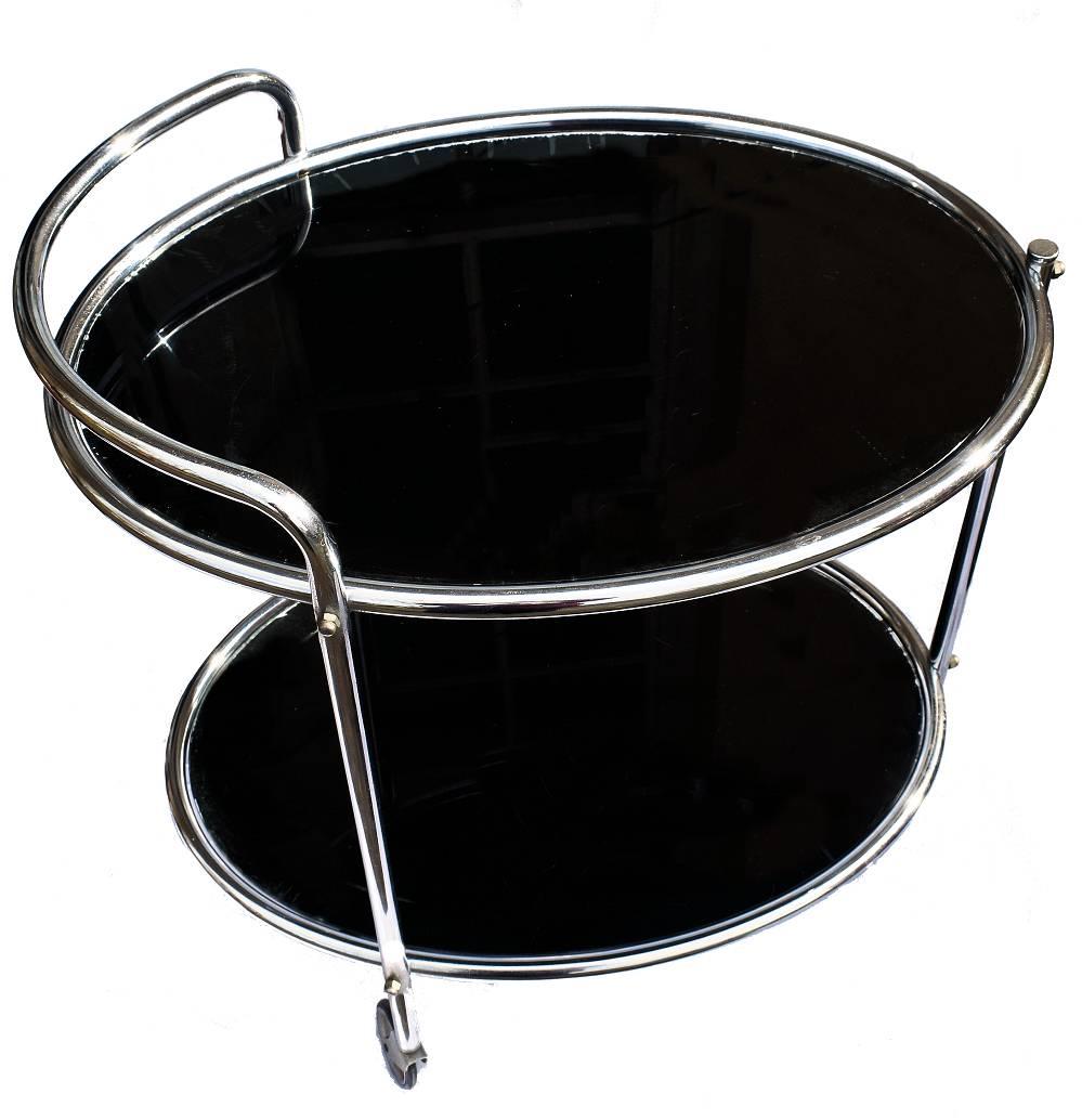 Now this really is a fabulous hostess trolley! Original 1930s Art Deco chrome two-tier trolley, with black glass, very glam! All totally original and in great condition. These are fab for displaying cocktail shakers, glass and other chrome items.