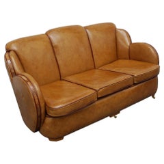 Original Art Deco 'Cloud' Sofa by Harry & Lou Epstein, Brown Leather Upholstery