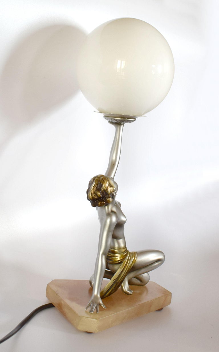 Original Art Deco Cold Painted Spelter Lady Figural Lamp, circa 1930 at
