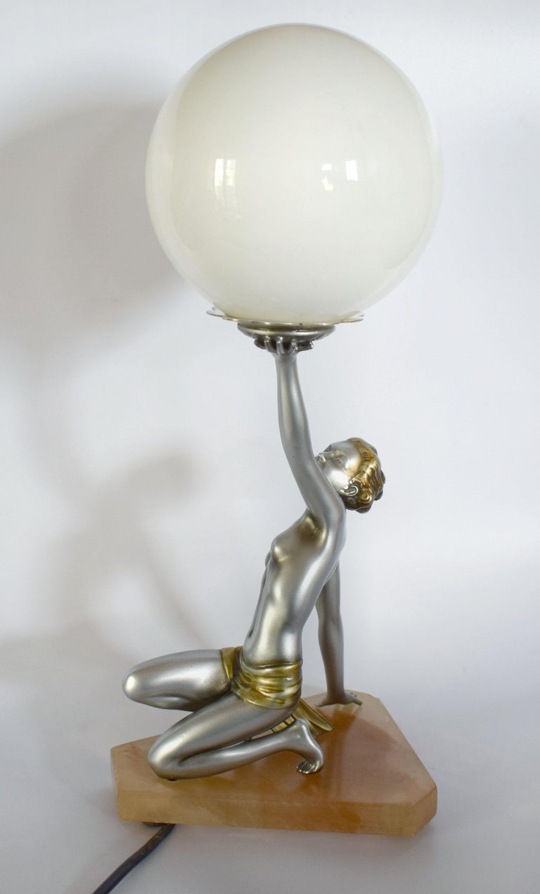 Original Art Deco Cold Painted Spelter Lady Figural Lamp, circa 1930 at