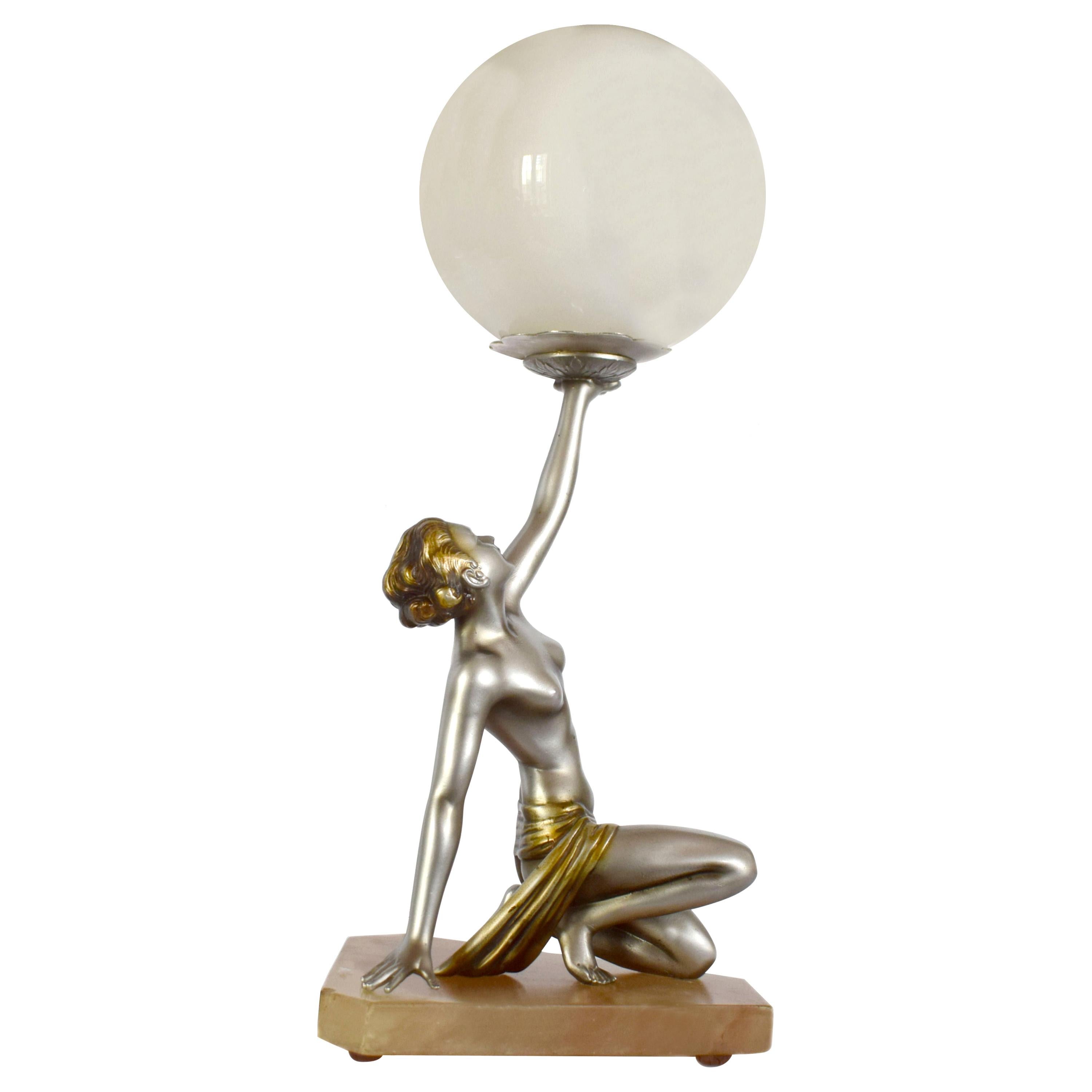 Original Art Deco Cold Painted Spelter Lady Figural Lamp, circa 1930