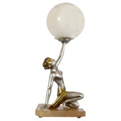 Retro Original Art Deco Cold Painted Spelter Lady Figural Lamp, circa 1930