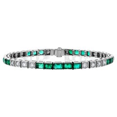 Original Art Deco Colombian Emerald Diamond Line Platinum Bracelet