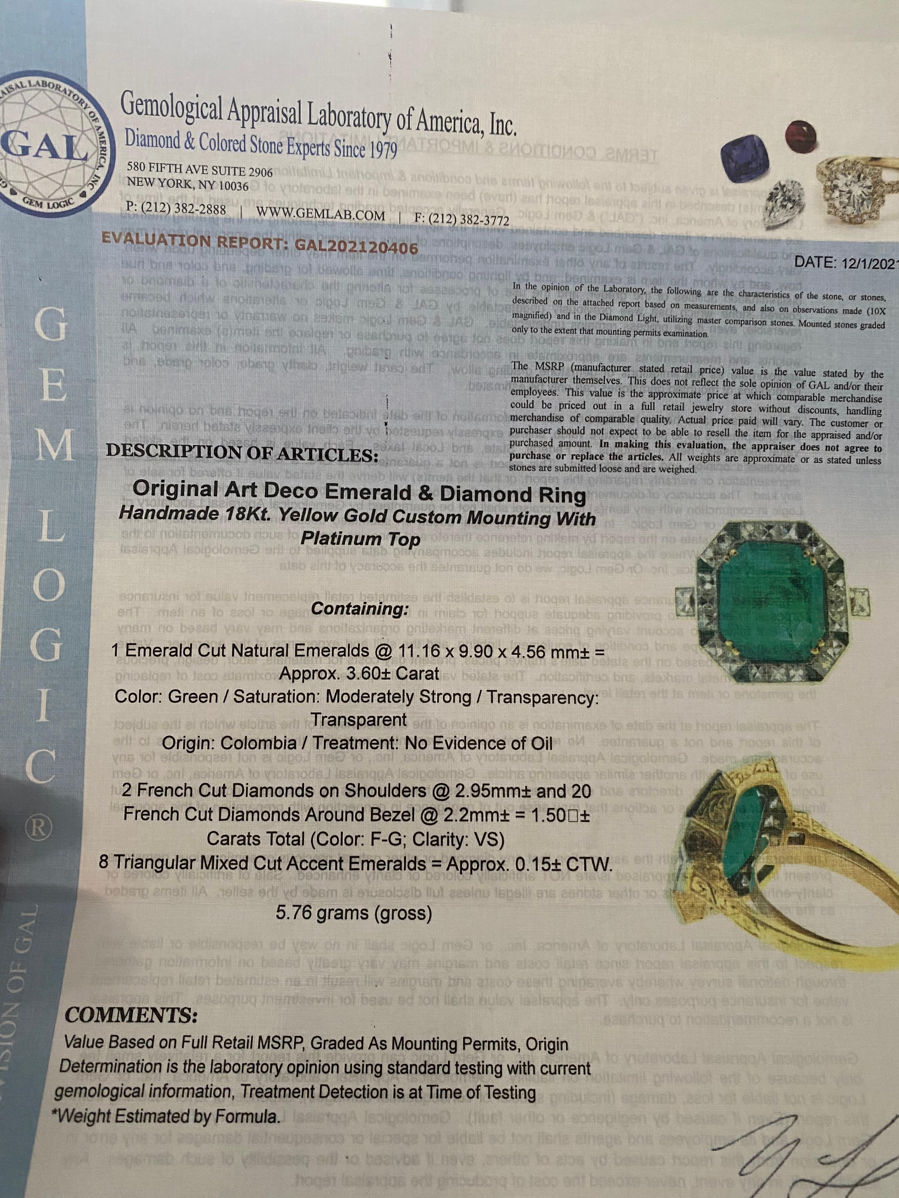 Bague Art déco d'origine en or et platine avec émeraude de Colombie taille française et diamant en vente 4