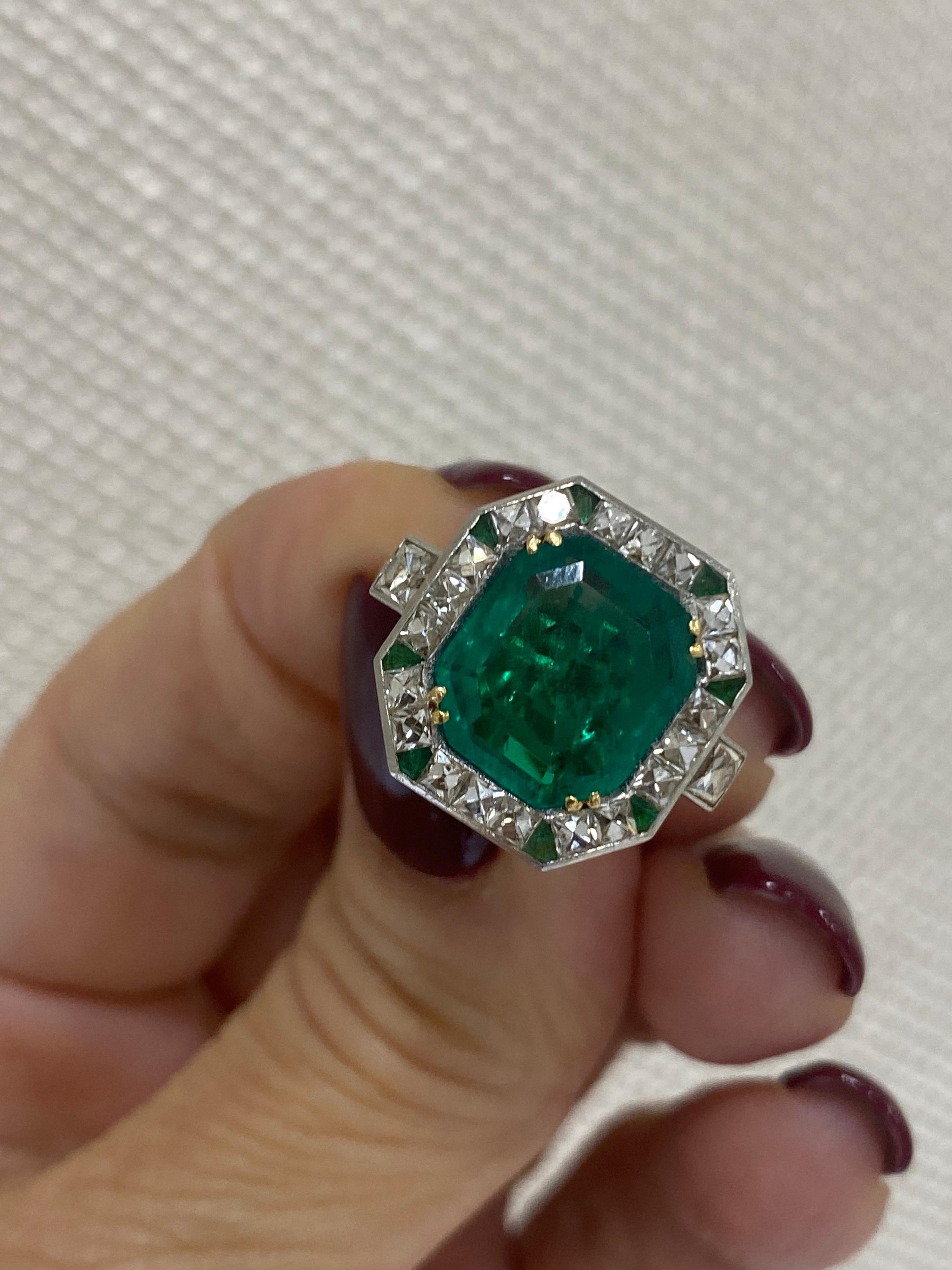 Original Art Deco Colombian Emerald French Cut Diamond Gold Platinum Ring For Sale 1