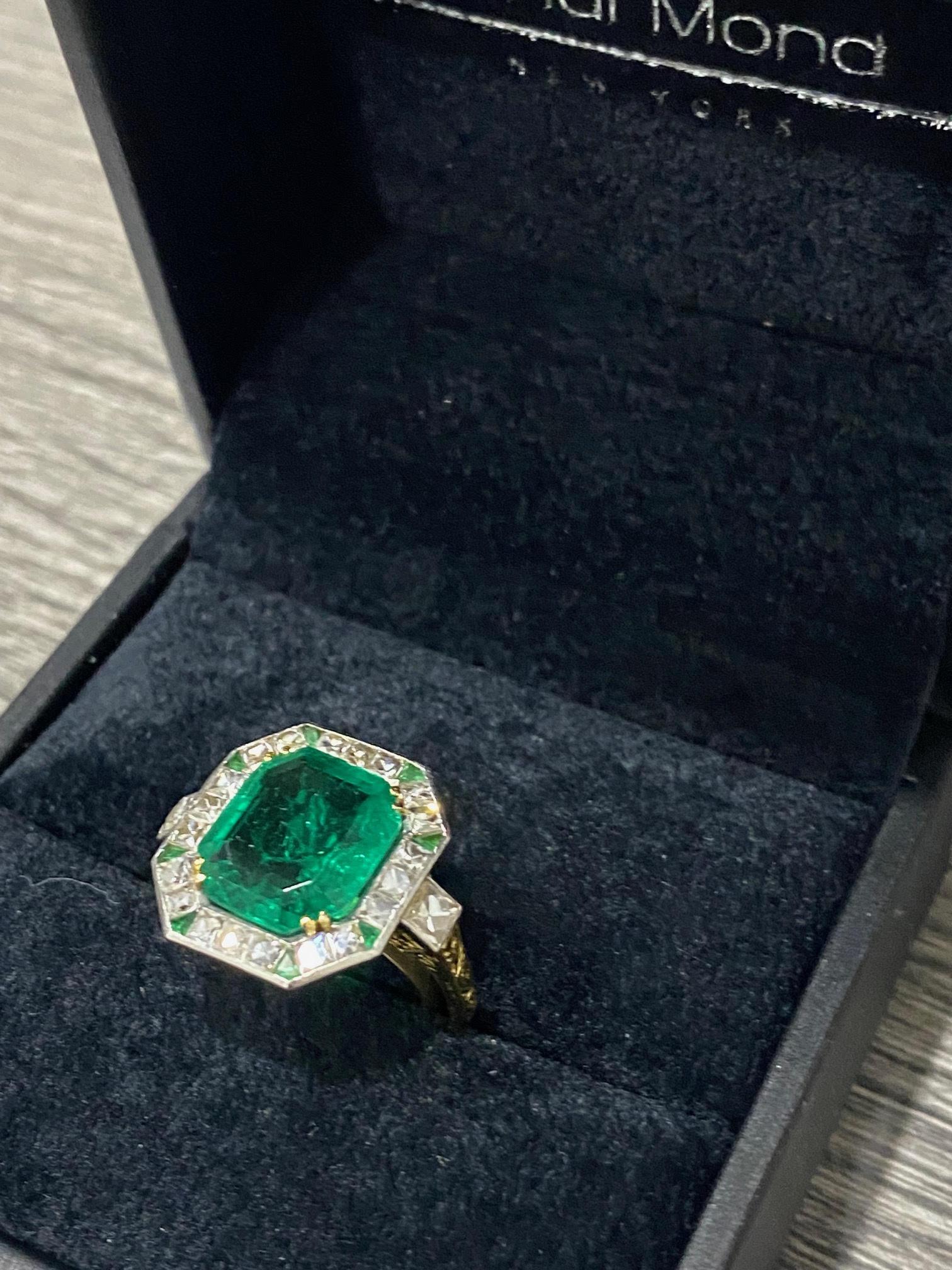 Original Art Deco Colombian Emerald French Cut Diamond Gold Platinum Ring For Sale 3