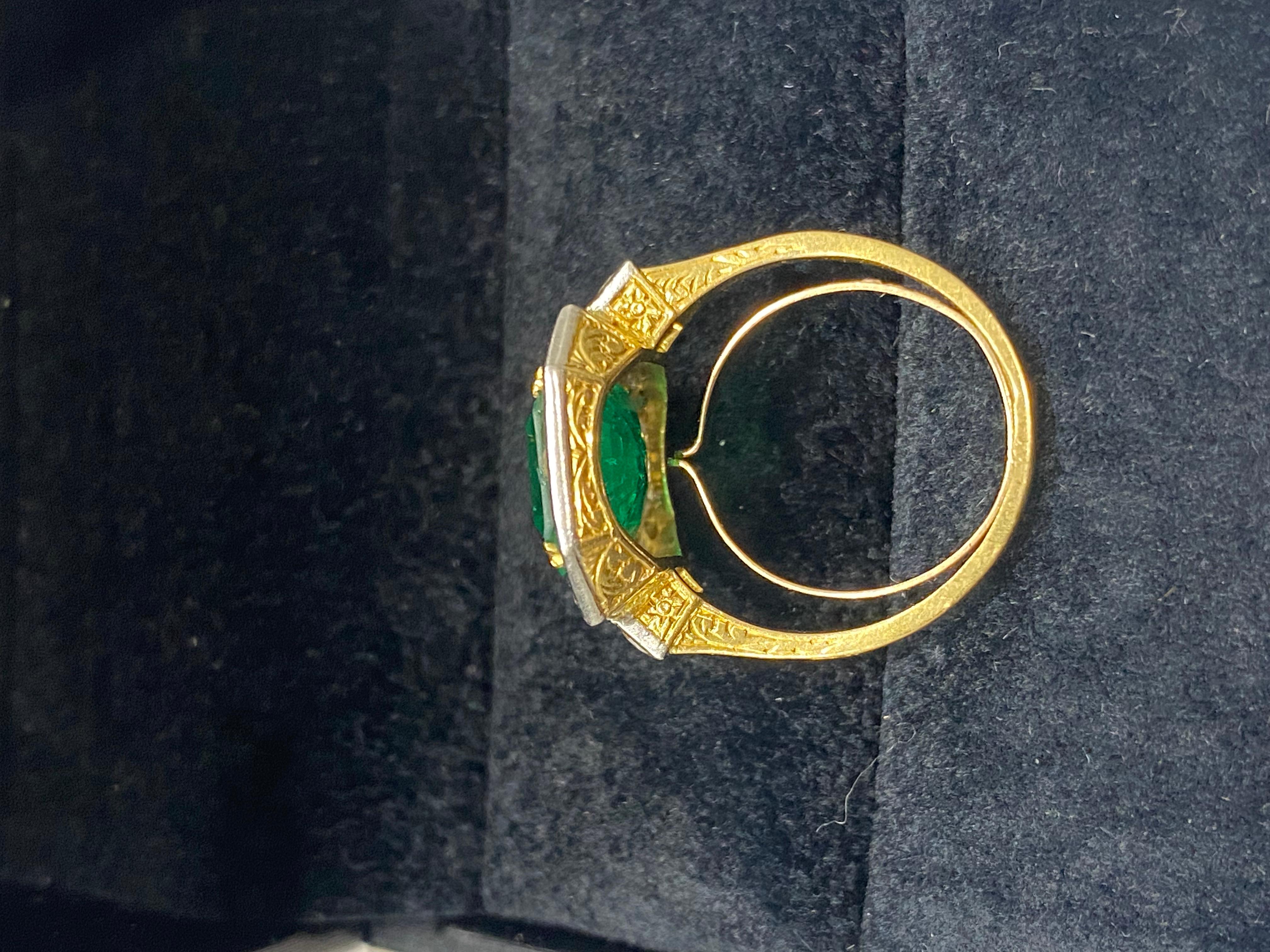 Original Art Deco Colombian Emerald French Cut Diamond Gold Platinum Ring For Sale 4