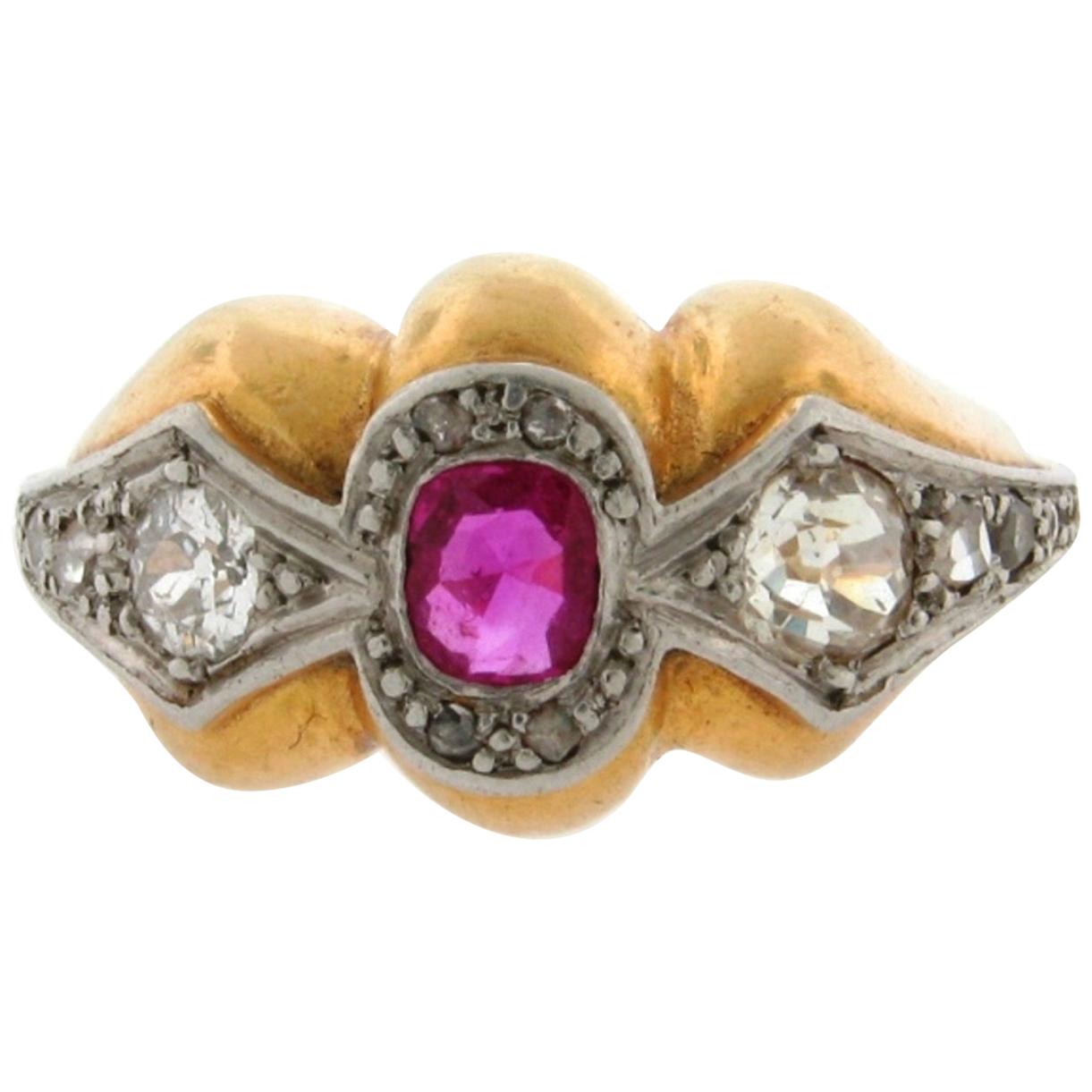 Original Art Deco Designer Ruby Diamonds Platinum 18 Karat Yellow Gold Ring