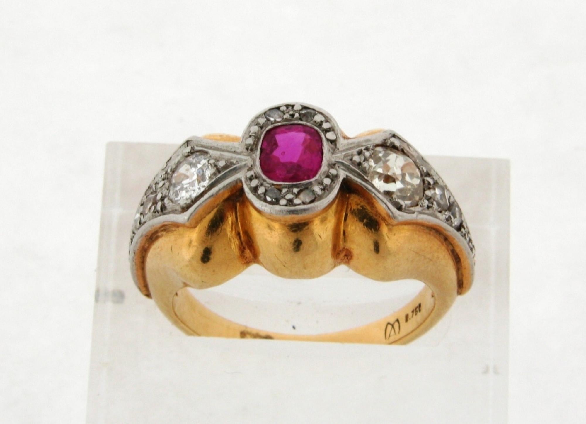 Women's Original Art Deco Designer Ruby Diamonds Platinum 18 Karat Yellow Gold Ring