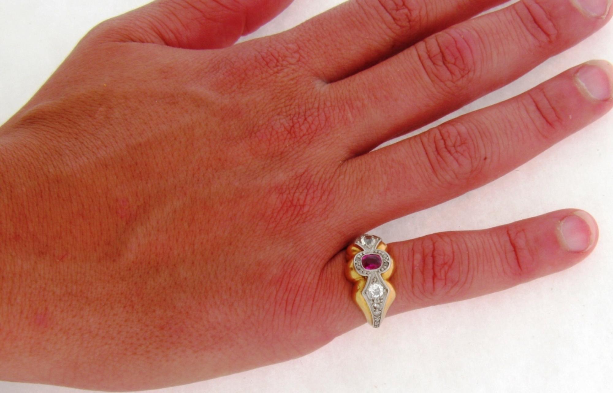 Original Art Deco Designer Ruby Diamonds Platinum 18 Karat Yellow Gold Ring 1
