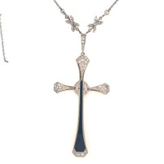 Original Art Deco Diamond Onyx Platinum Gold Cross Pendant Necklace