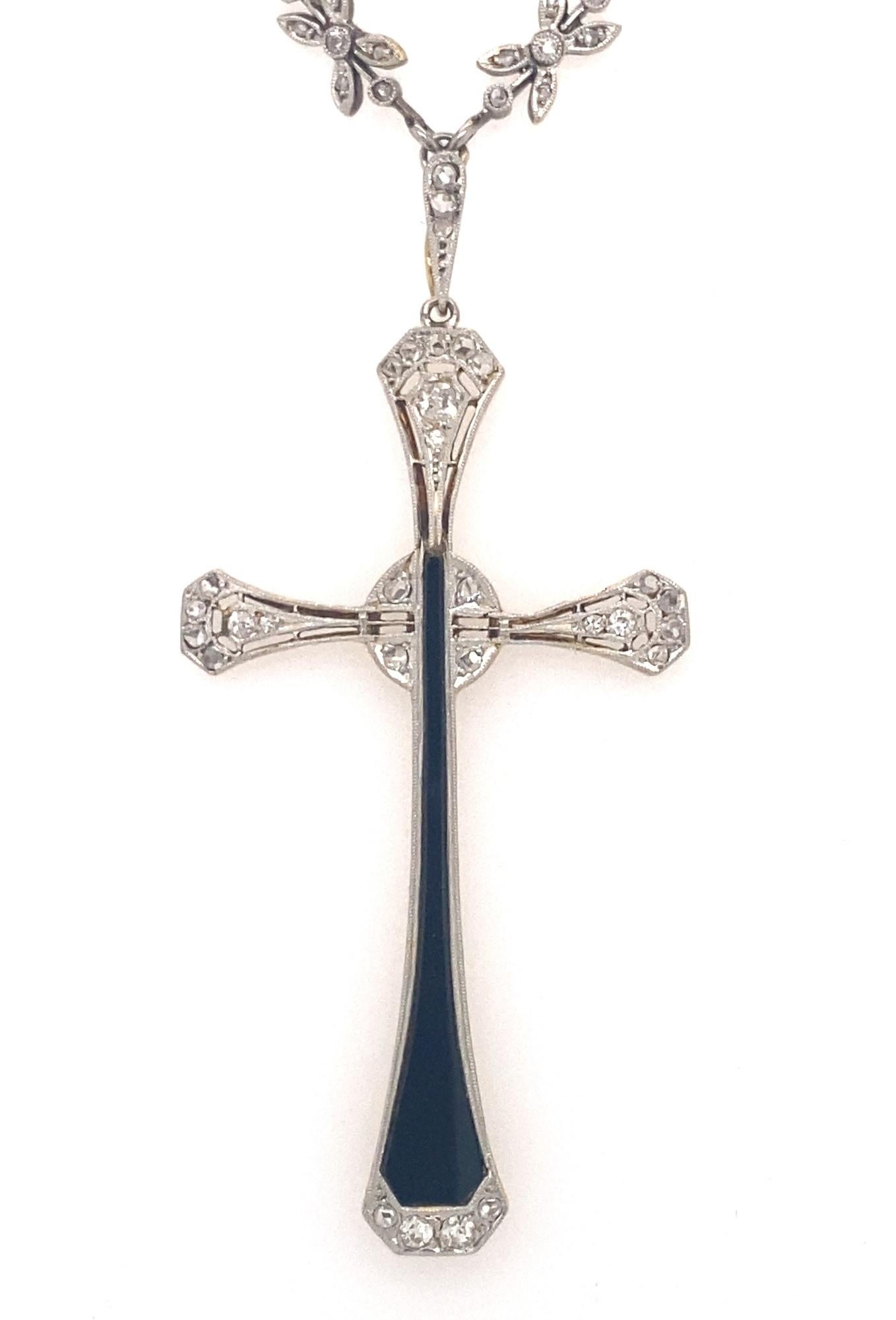 Original Art Deco Diamond Onyx Platinum Gold Cross Pendant Necklace In Good Condition For Sale In Woodland Hills, CA