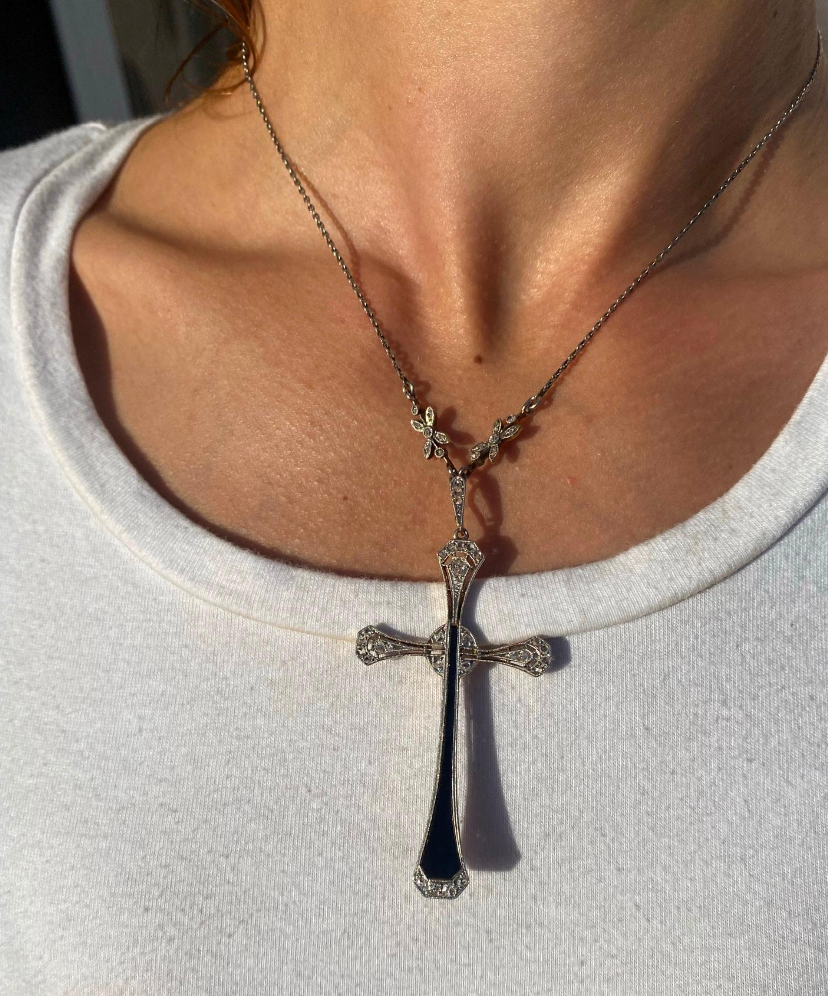 Women's or Men's Original Art Deco Diamond Onyx Platinum Gold Cross Pendant Necklace For Sale