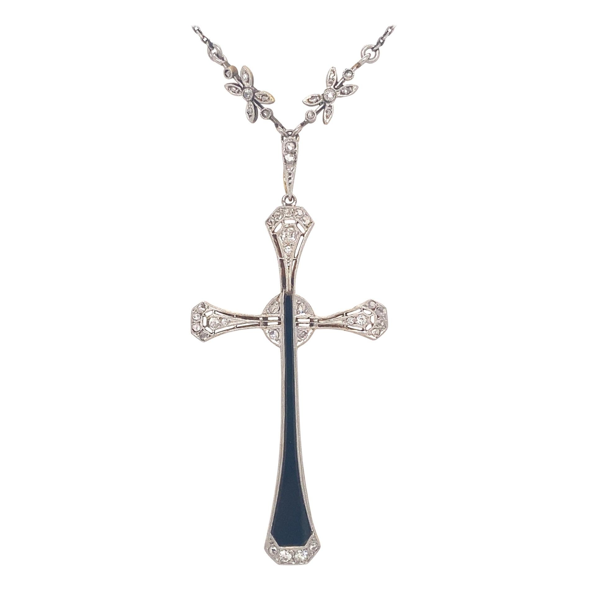 Original Art Deco Diamond Onyx Platinum Gold Cross Pendant Necklace For Sale
