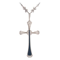Original Art Deco Diamond Onyx Platinum Gold Cross Pendant Necklace