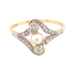 Original Art Deco Diamond Pearl Platinum 18k Yellow Gold Ring