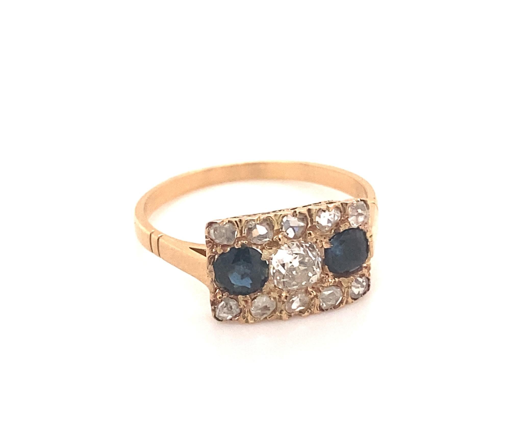 Round Cut Original Art Deco Diamond Sapphire 18K Rose Gold Ring