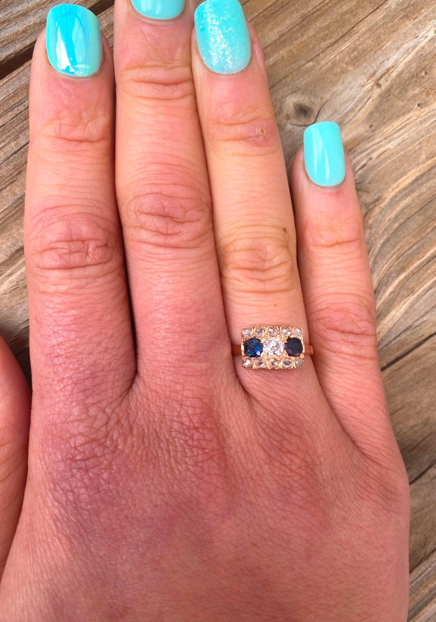 Women's Original Art Deco Diamond Sapphire 18K Rose Gold Ring
