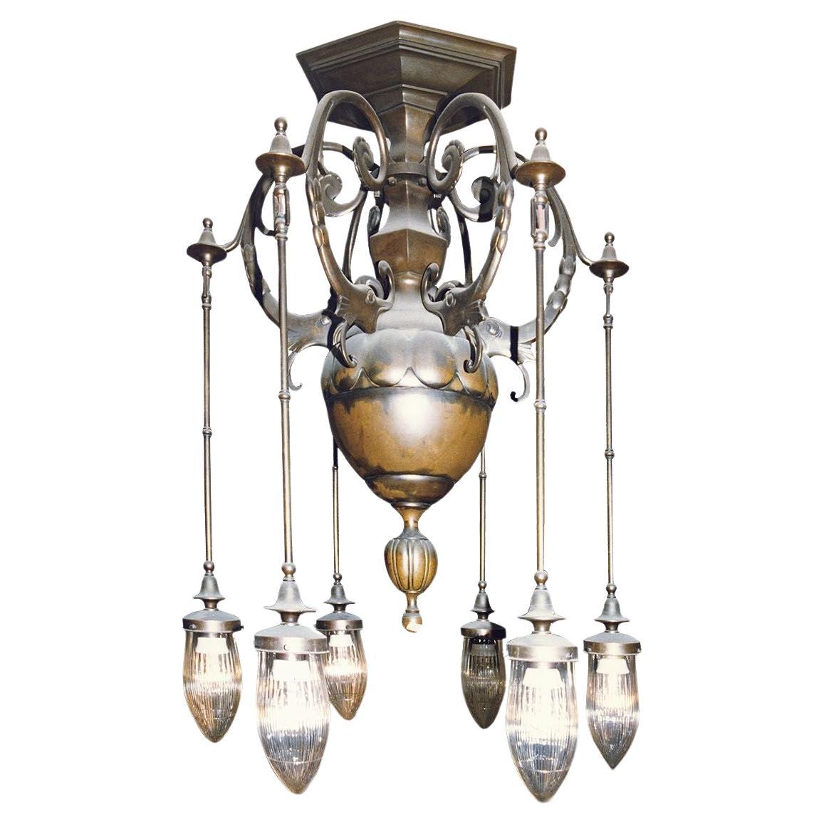 Original Art Deco Dolphine Bronze Chandelier, Early 20th Century, 1914