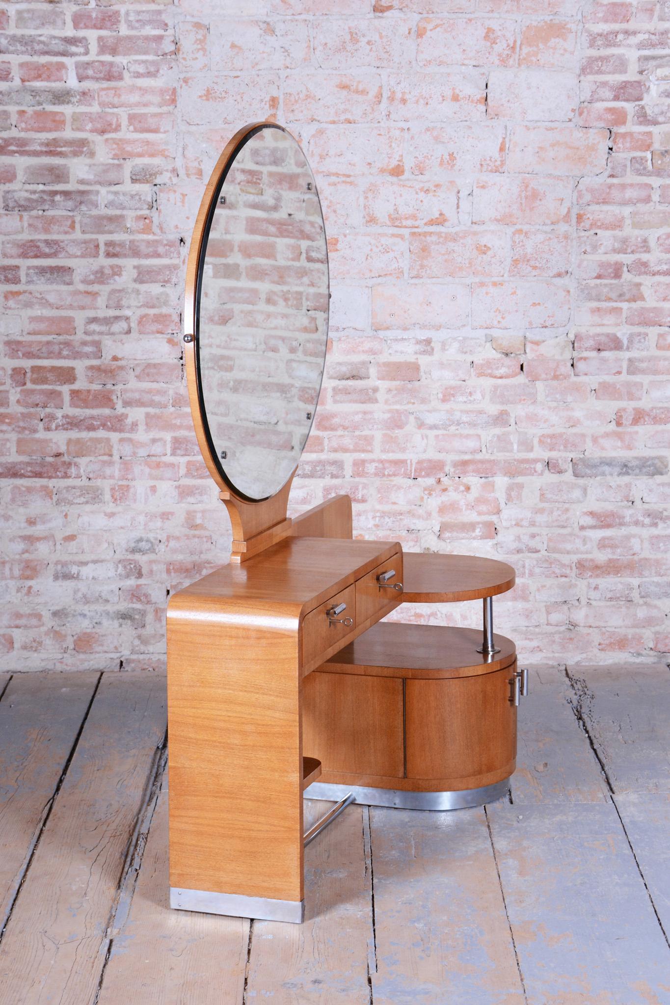 Specchio da toeletta originale Art Deco, frassino, polacco restaurato, vetro, ceco, anni '30 in vendita 5
