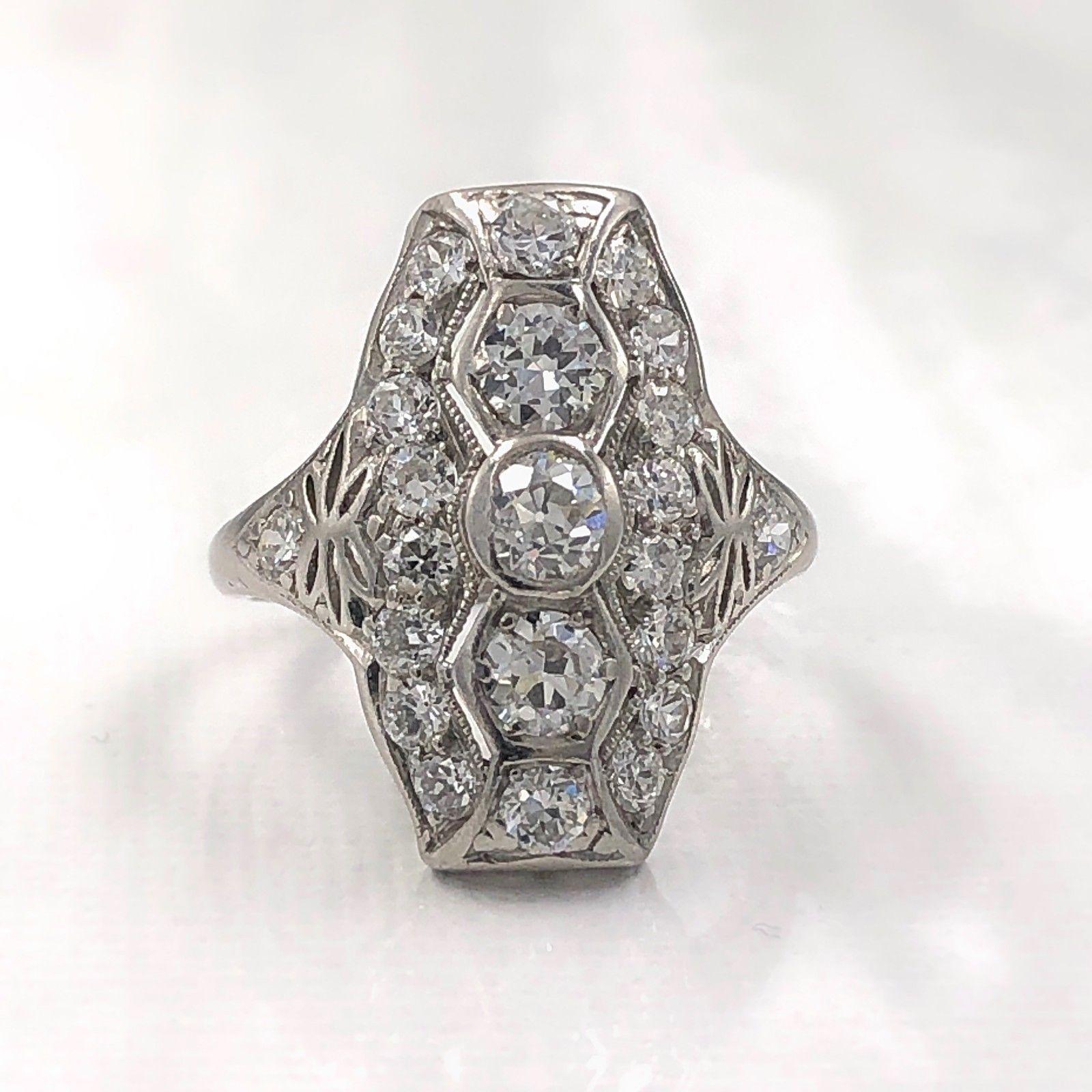 Original Art Deco European Cuts Platinum Diamond Ring, circa 1920s 1