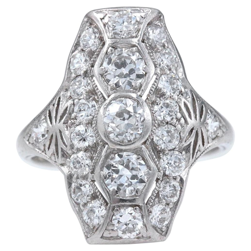 Original Art Deco European Cuts Platinum Diamond Ring, circa 1920s
