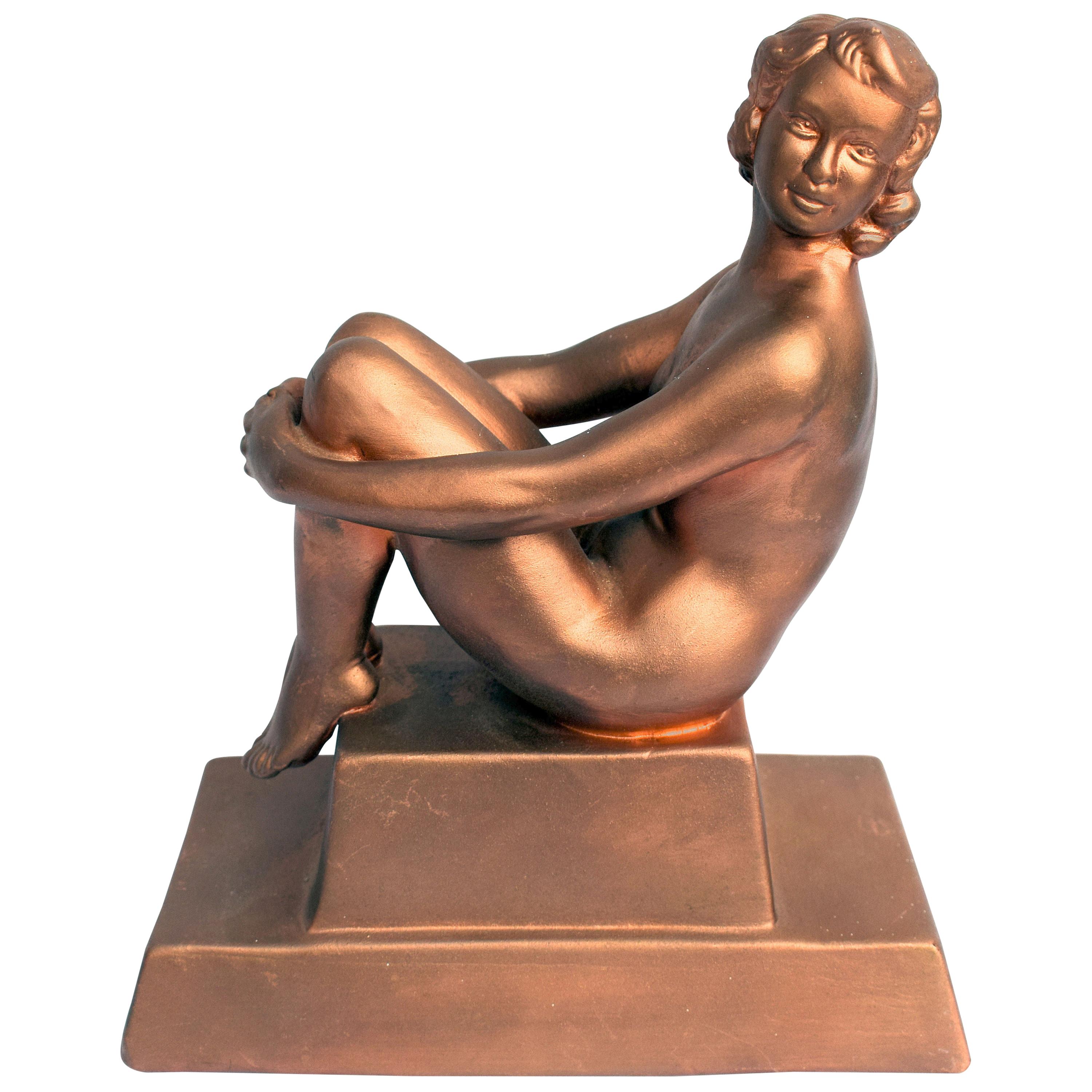 Original Art Deco Female Nude Sitting Figure, circa 1930 For Sale