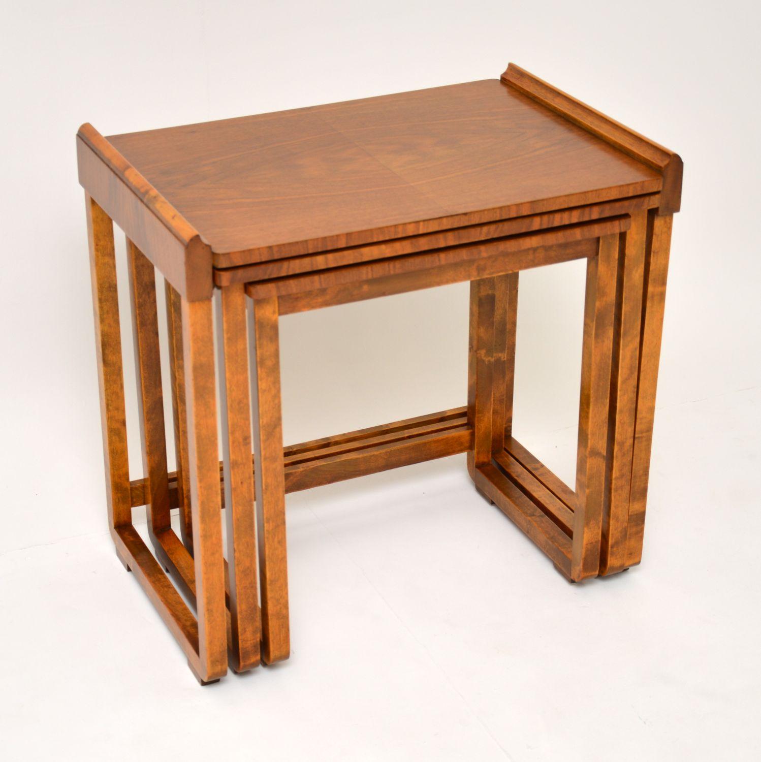 British Original Art Deco Figured Walnut Nest of Tables