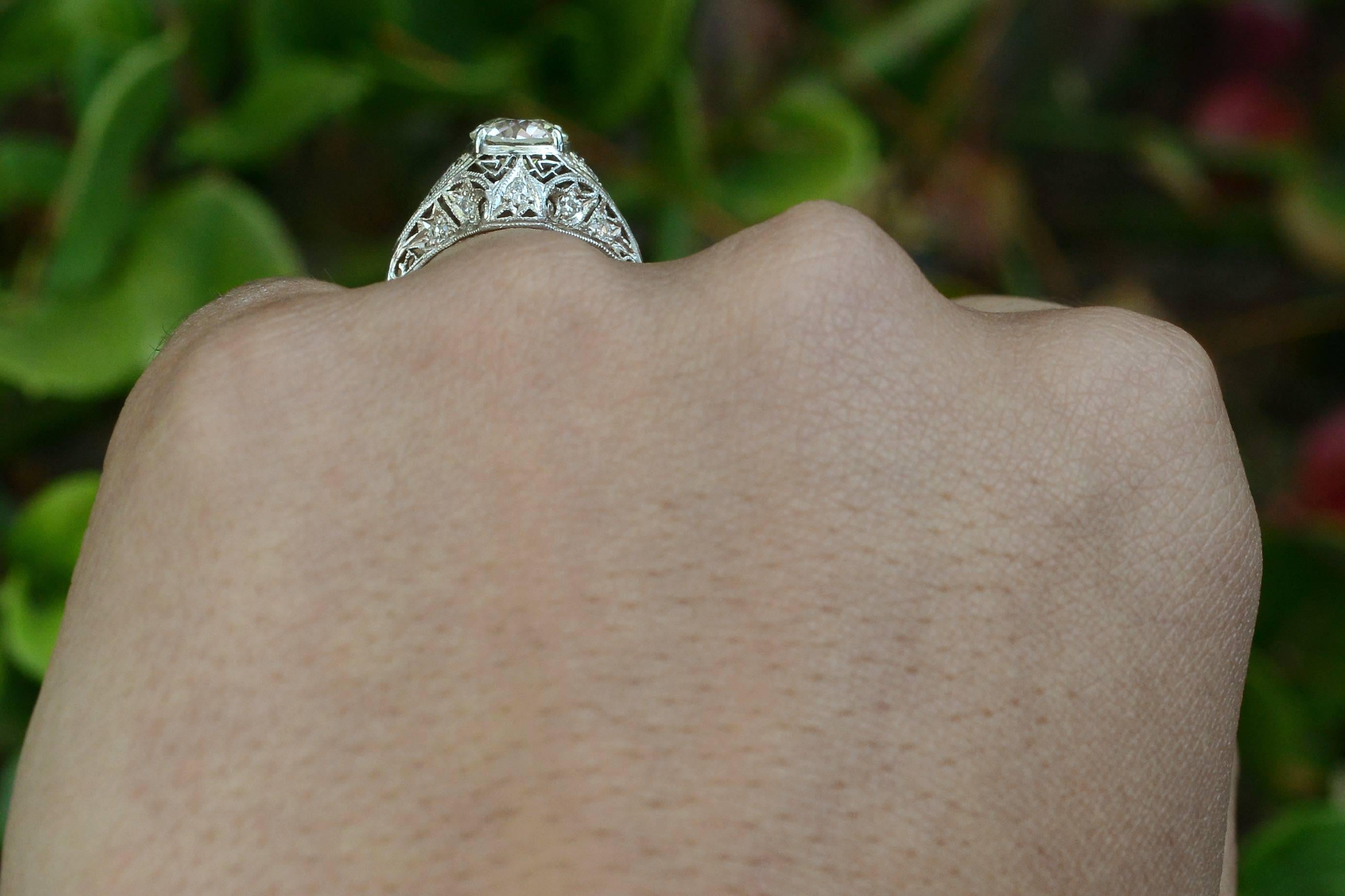 Old European Cut Art Deco Filigree 1.28 Carat Old European Diamond Engagement Ring For Sale