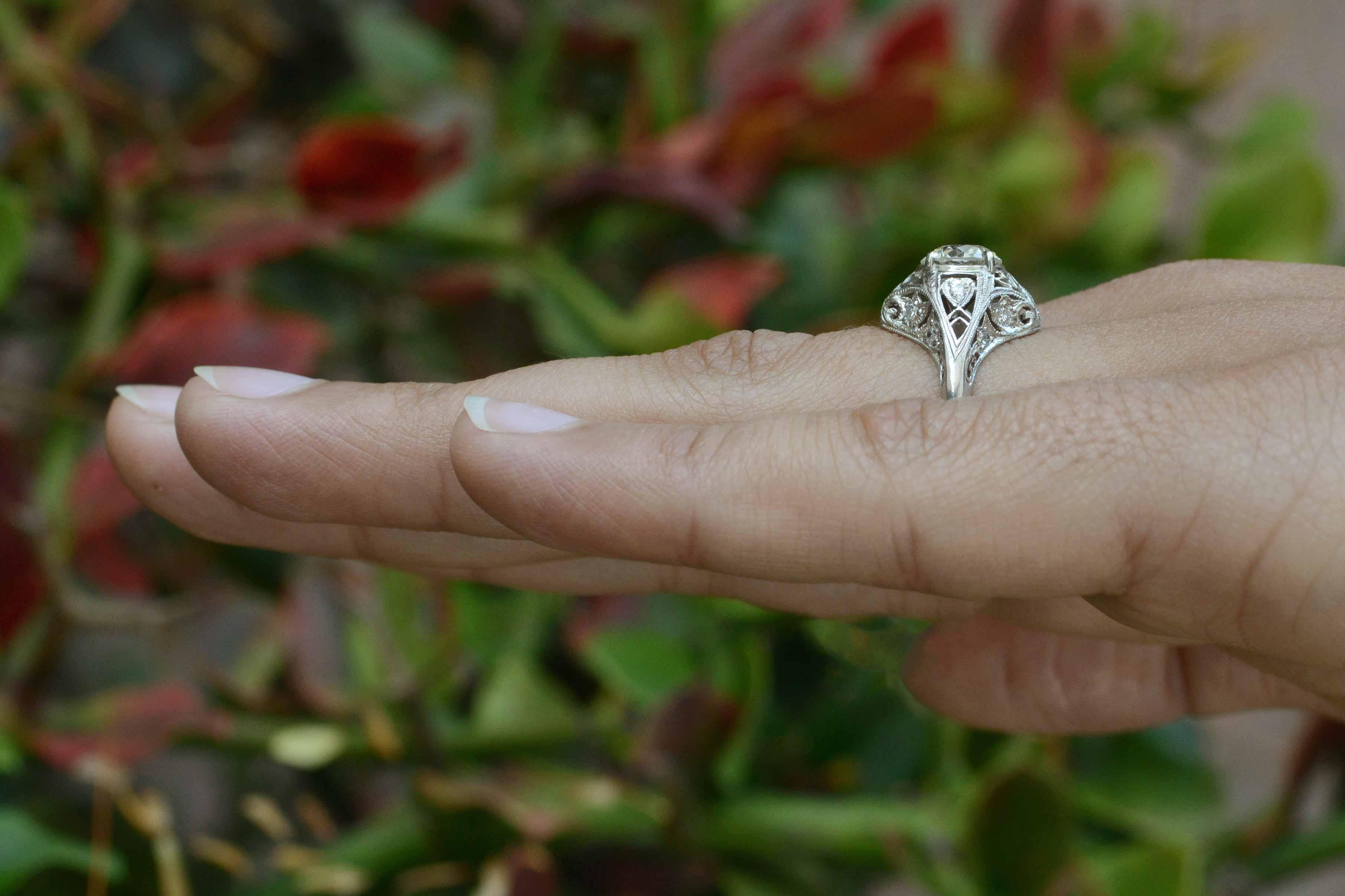 Art Deco Filigree 1.28 Carat Old European Diamond Engagement Ring In Good Condition For Sale In Santa Barbara, CA