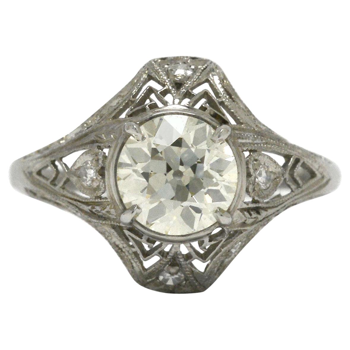 Art Deco Filigree 1.28 Carat Old European Diamond Engagement Ring For Sale