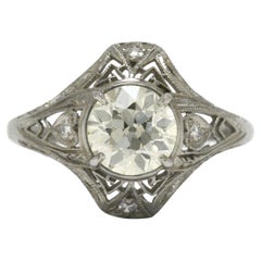 Bague de fiançailles Art déco en filigrane avec diamant européen ancien de 1.28 carats