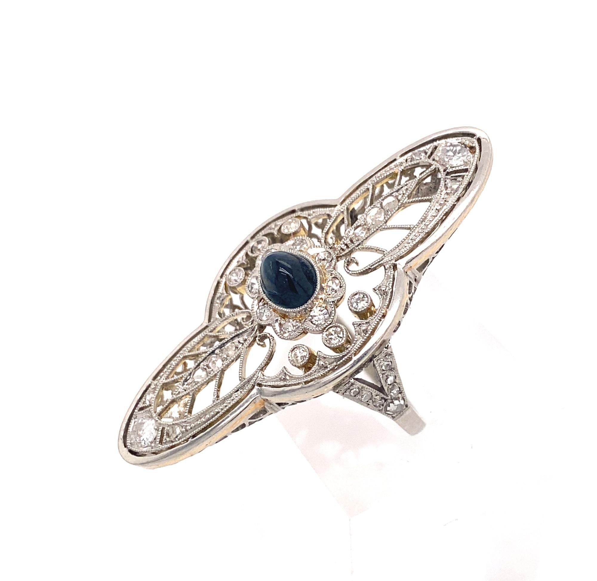Original Art Deco Filigree Sapphire Diamond Gold Platinum Ring In Excellent Condition For Sale In Woodland Hills, CA