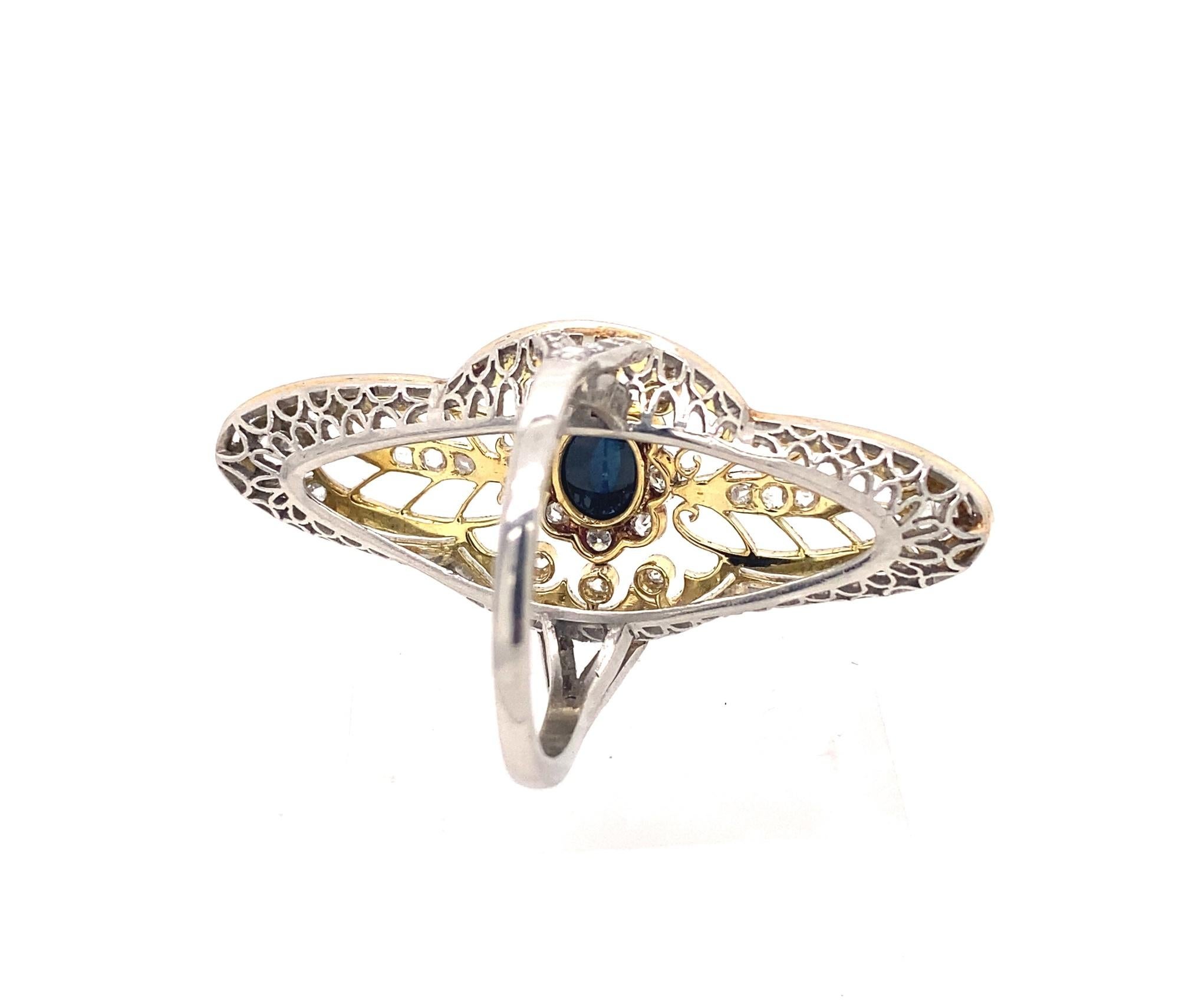 Women's Original Art Deco Filigree Sapphire Diamond Gold Platinum Ring For Sale
