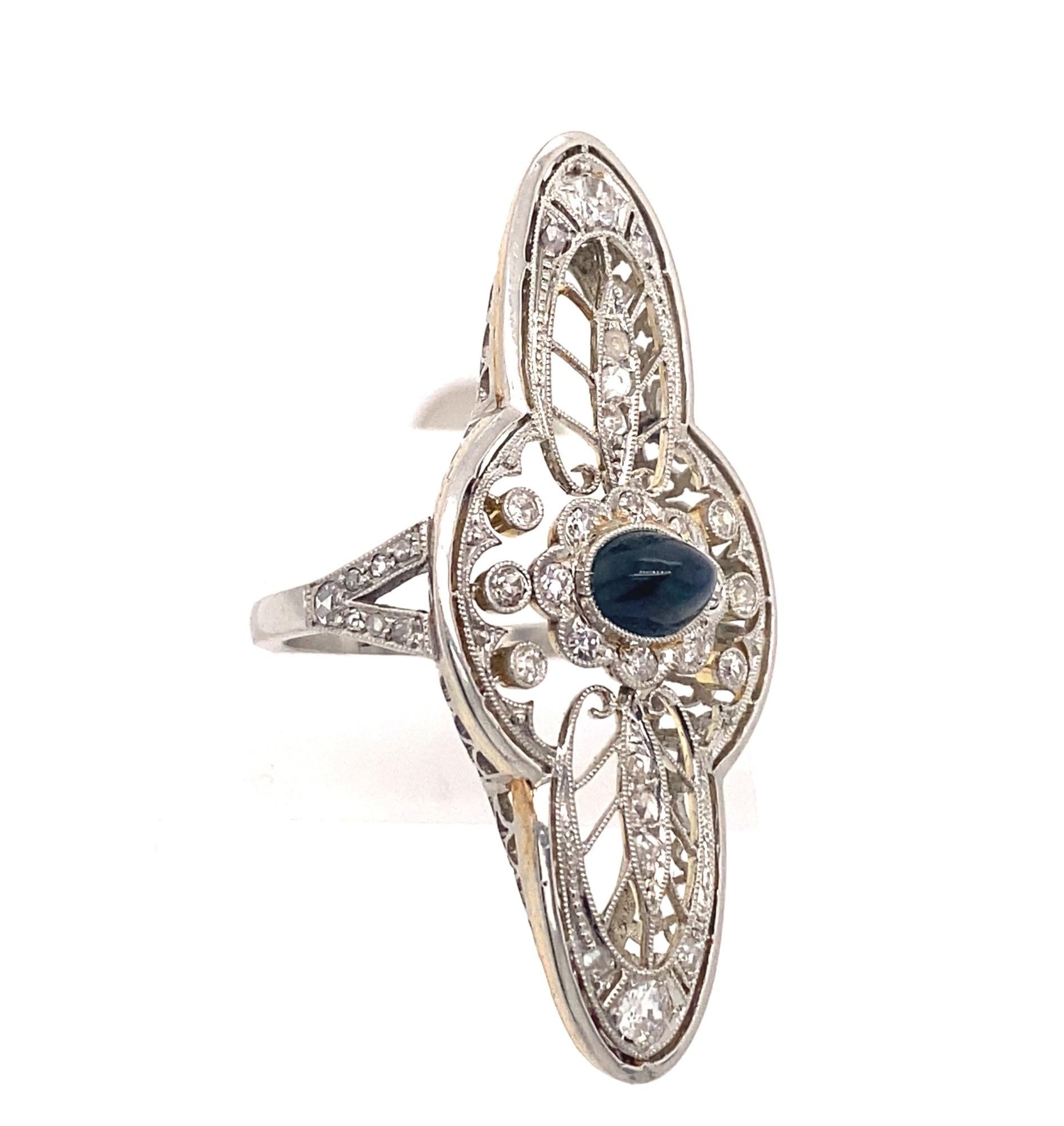 Original Art Deco Filigree Sapphire Diamond Gold Platinum Ring For Sale 1