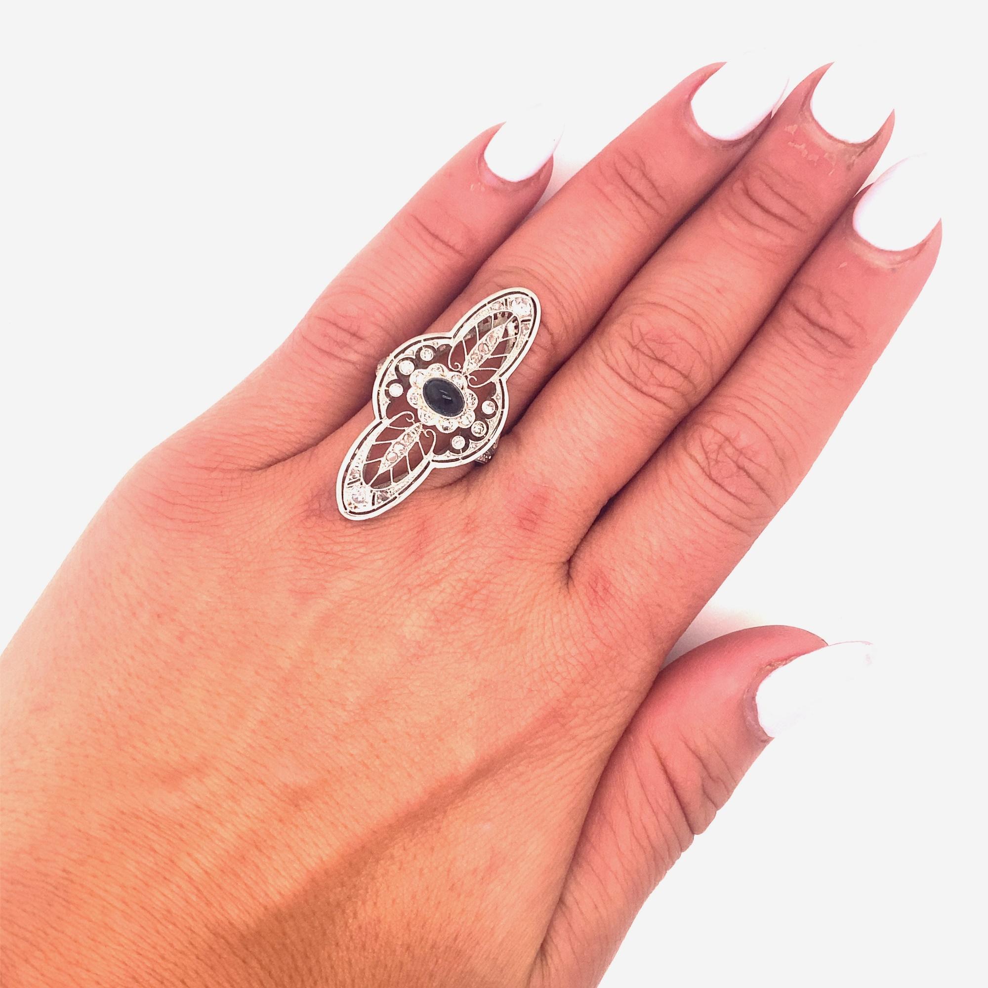 Original Art Deco Filigree Sapphire Diamond Gold Platinum Ring For Sale 3