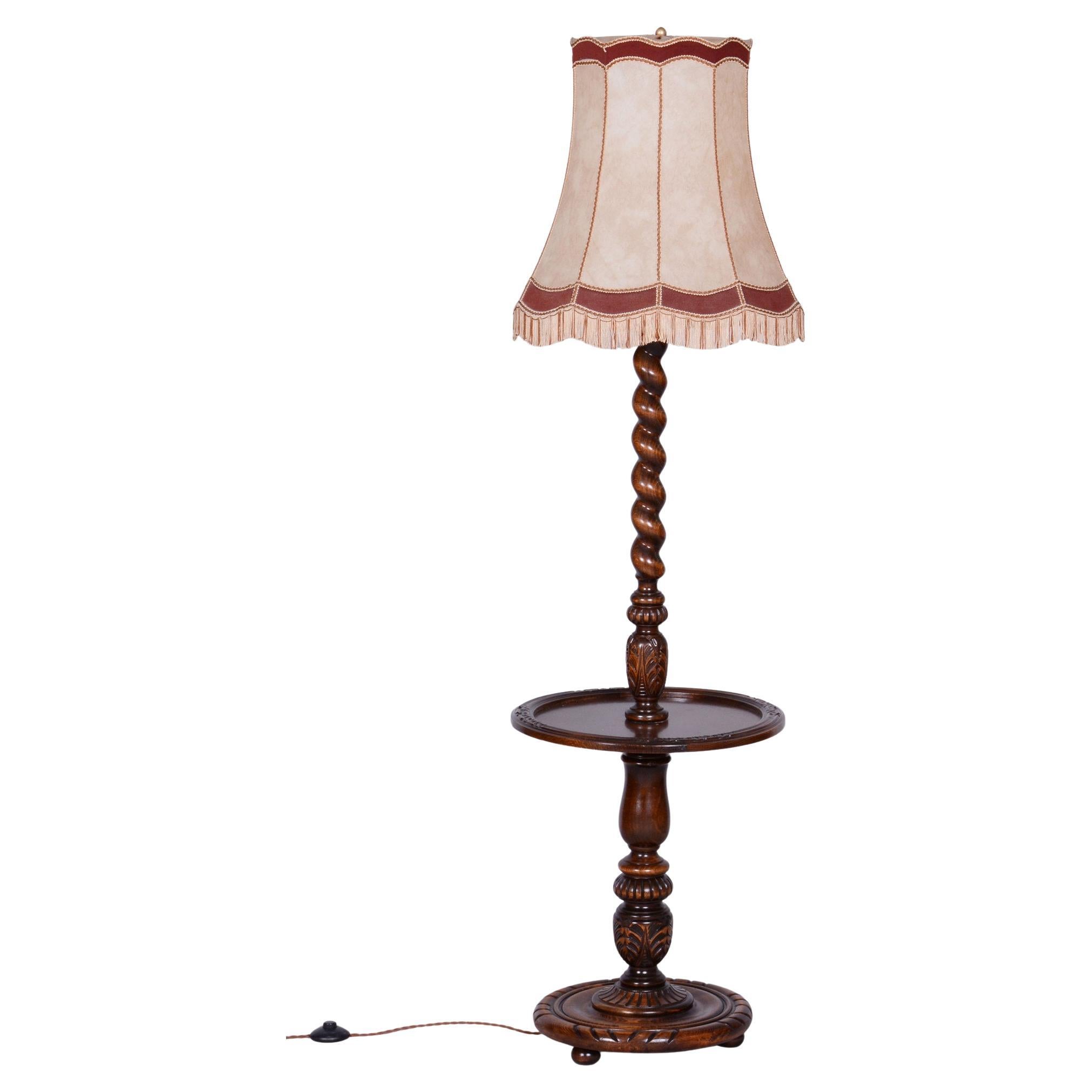 Lampada da terra originale Art Deco, nuova elettrificazione, Oak, tessuto, ceco, anni '20