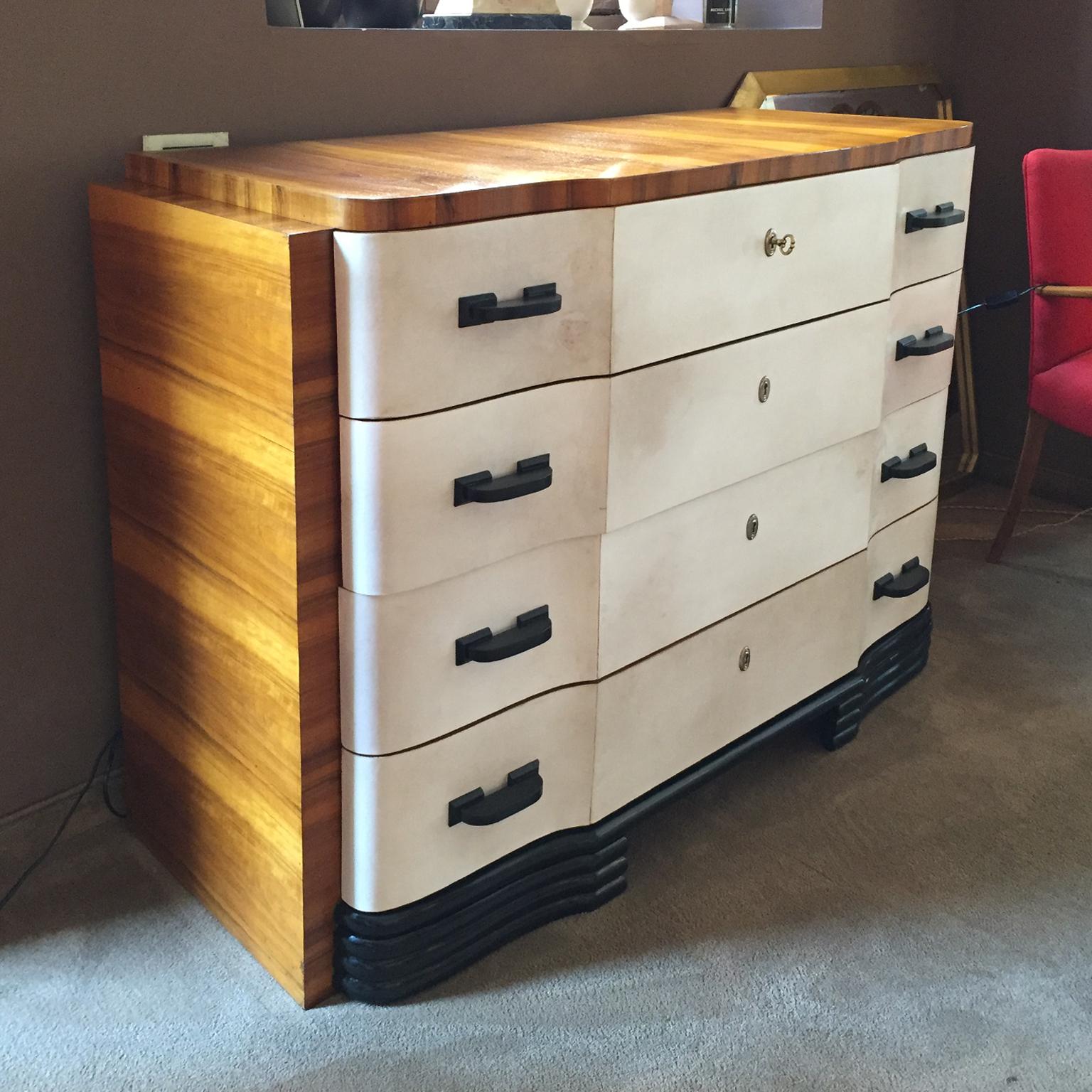 Mid-20th Century Original Art Deco French Chest of Drawers in Walnut and Parchment, 1930s