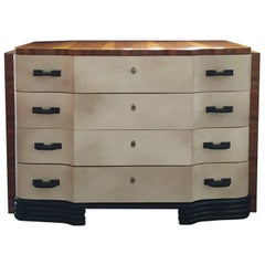 Original Art Deco French Chest of Drawers in Walnut and Parchment, 1930s