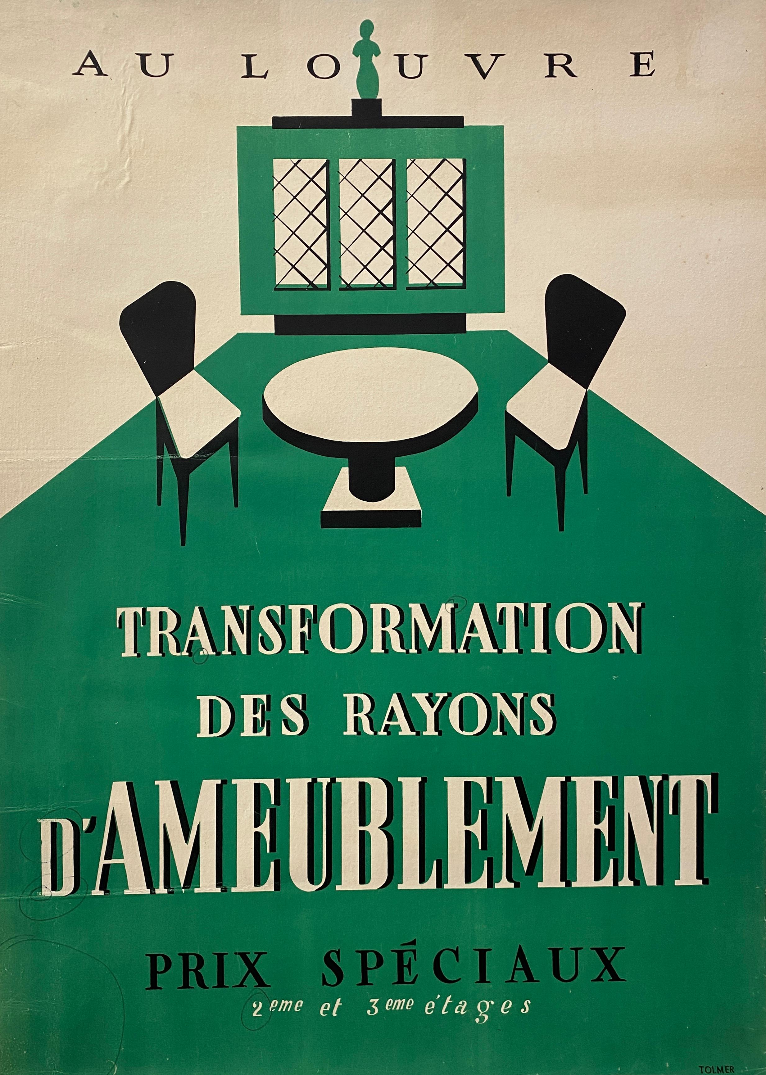 Original Art-Déco-Möbel-Werbeplakat „Au Louvre“, Vintage-Poster, Vintage, 1935 (Französisch) im Angebot
