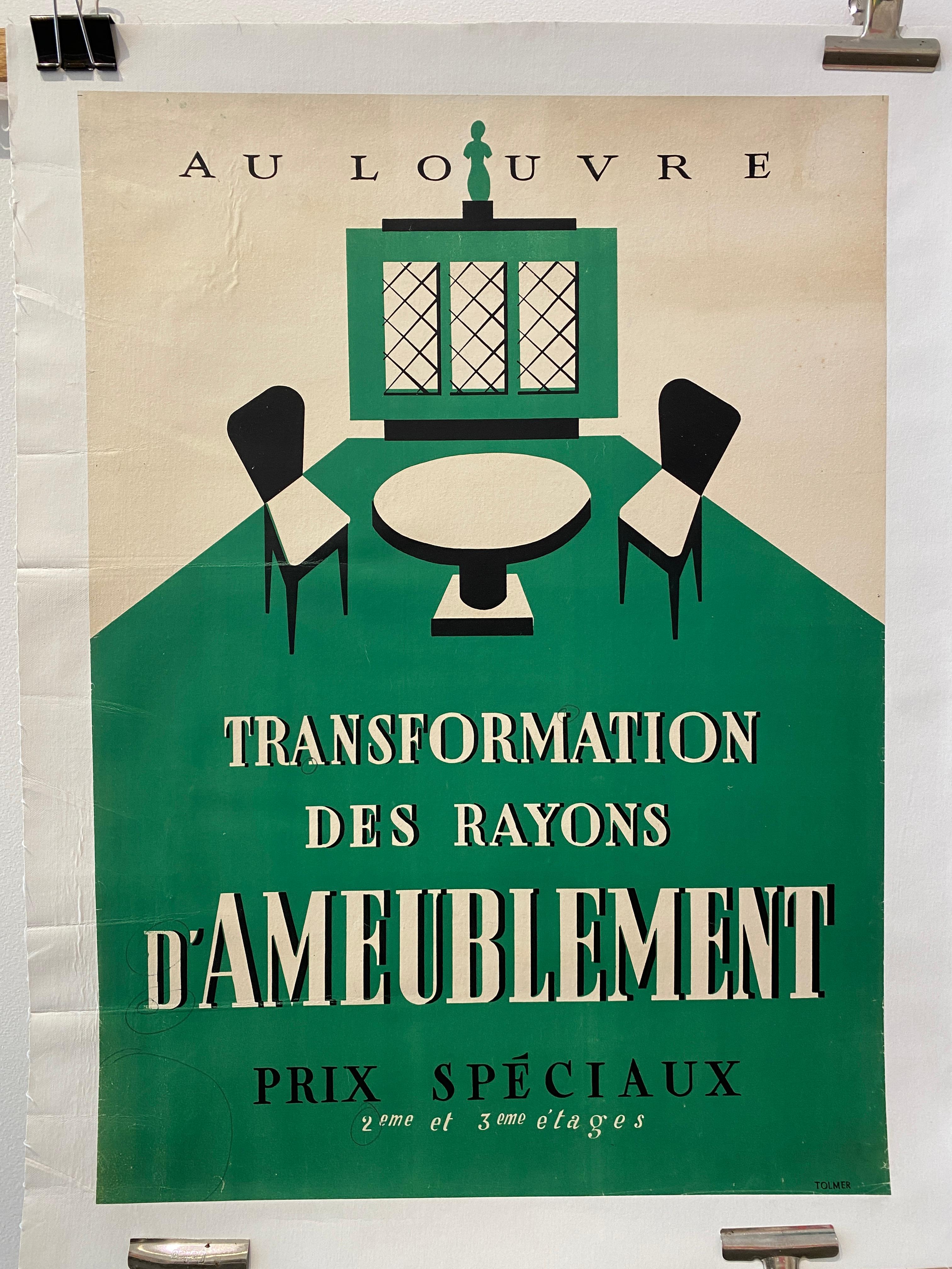 Original Art-Déco-Möbel-Werbeplakat „Au Louvre“, Vintage-Poster, Vintage, 1935 im Zustand „Relativ gut“ im Angebot in Melbourne, Victoria
