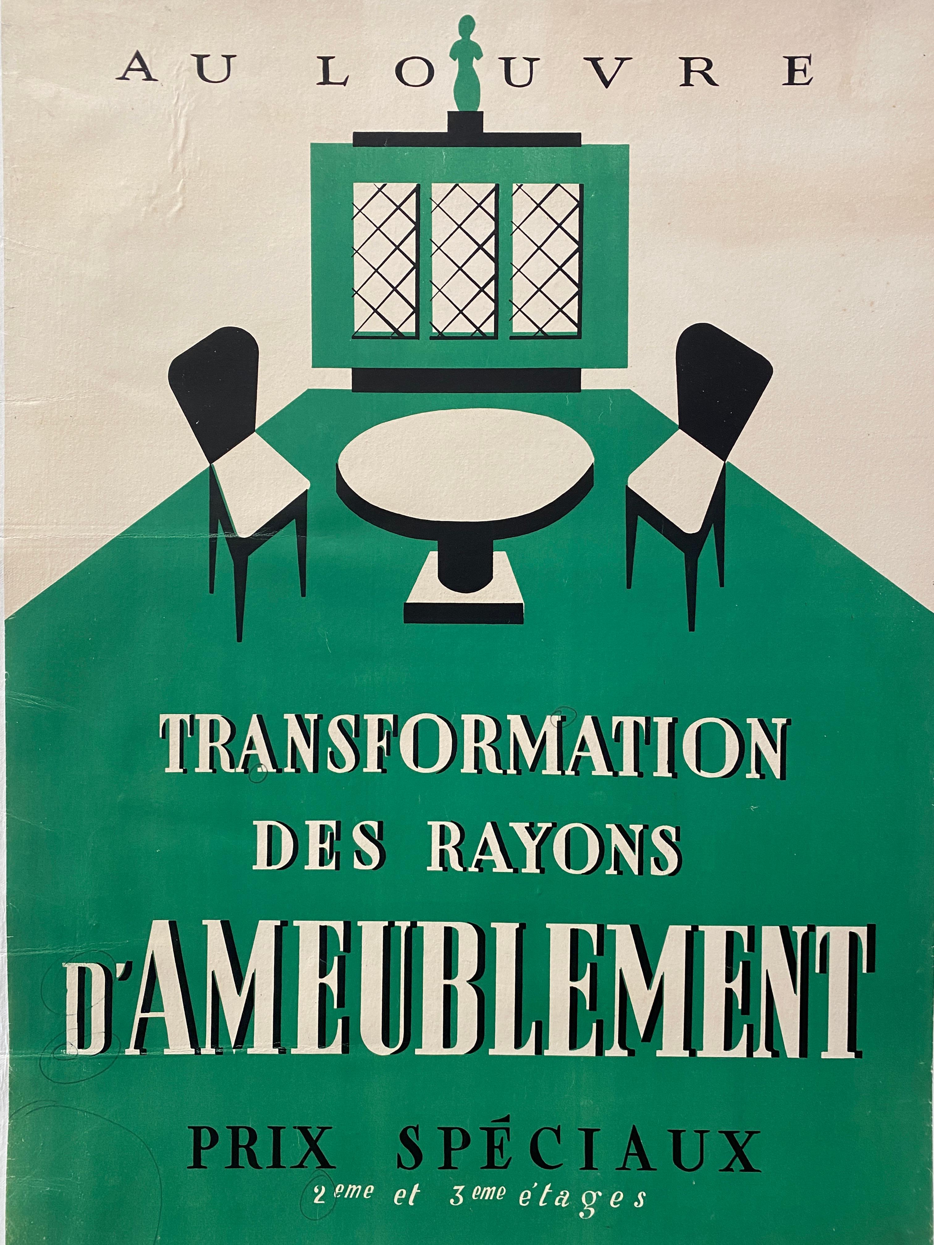 Original Art-Déco-Möbel-Werbeplakat „Au Louvre“, Vintage-Poster, Vintage, 1935 (Papier) im Angebot