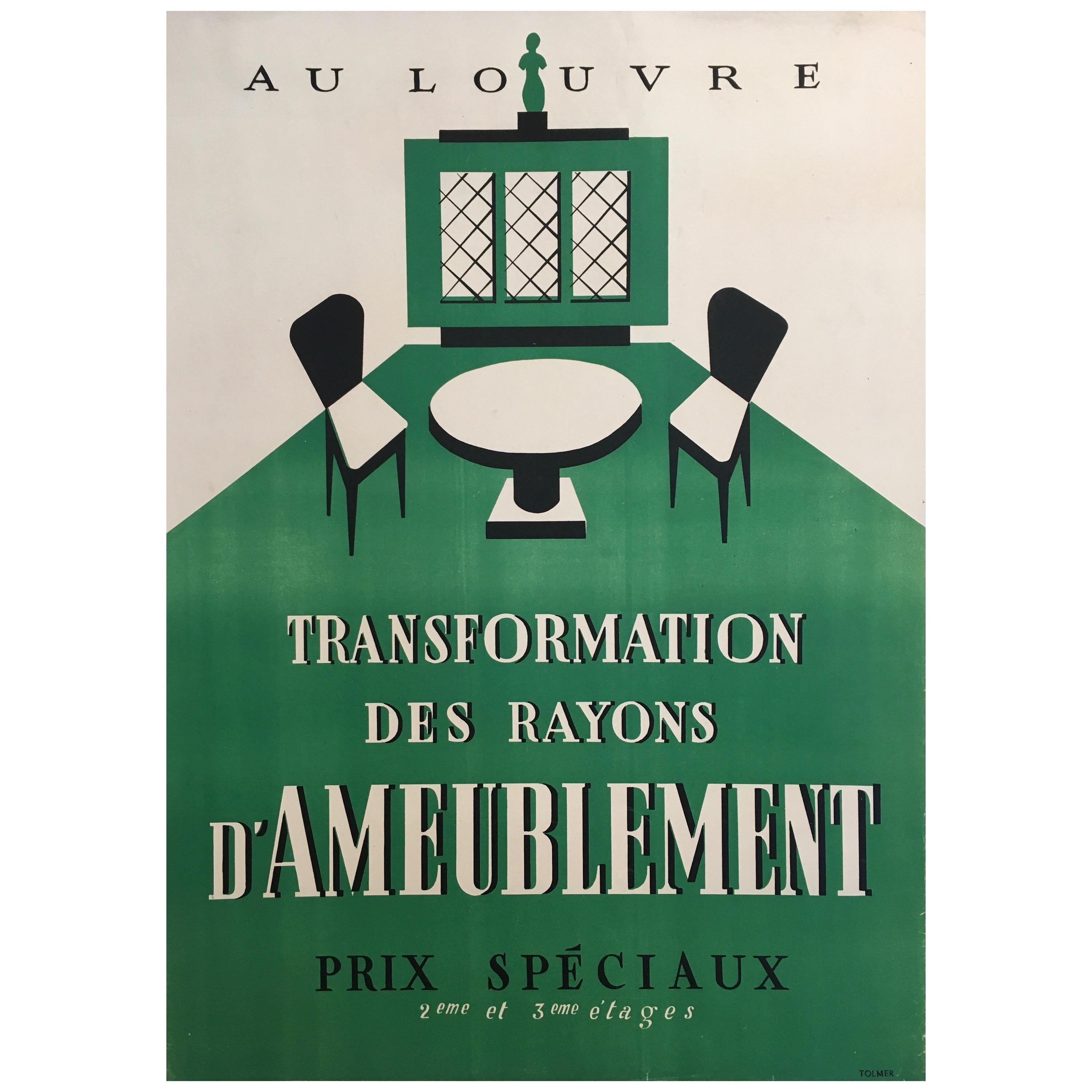 Affiche d'origine de mobilier Art Déco « Au Louvre », 1935 en vente