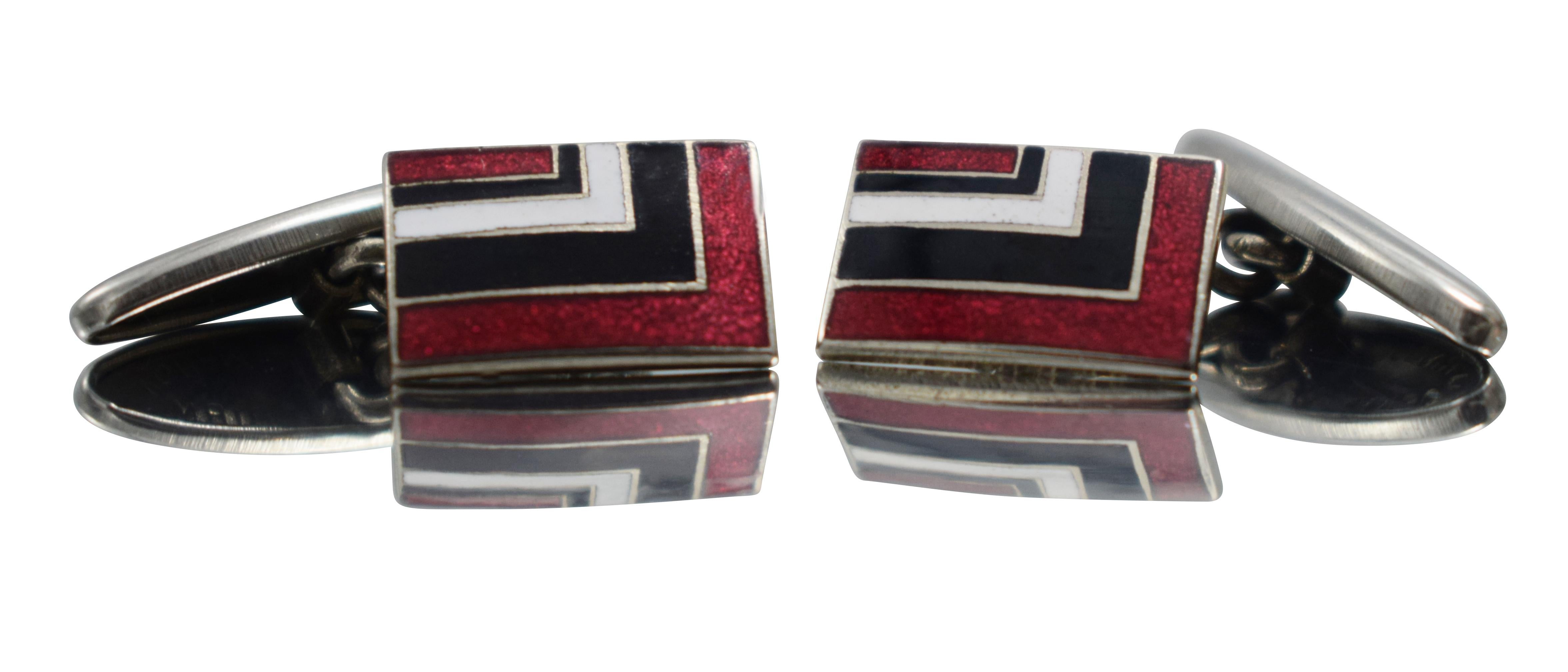 For gentleman out there who lean towards something a little different and less generic and oozing style consider these original matching pair of Art Deco men’s cufflinks with a great geometric pattern. Silver toned metal with red, white and black