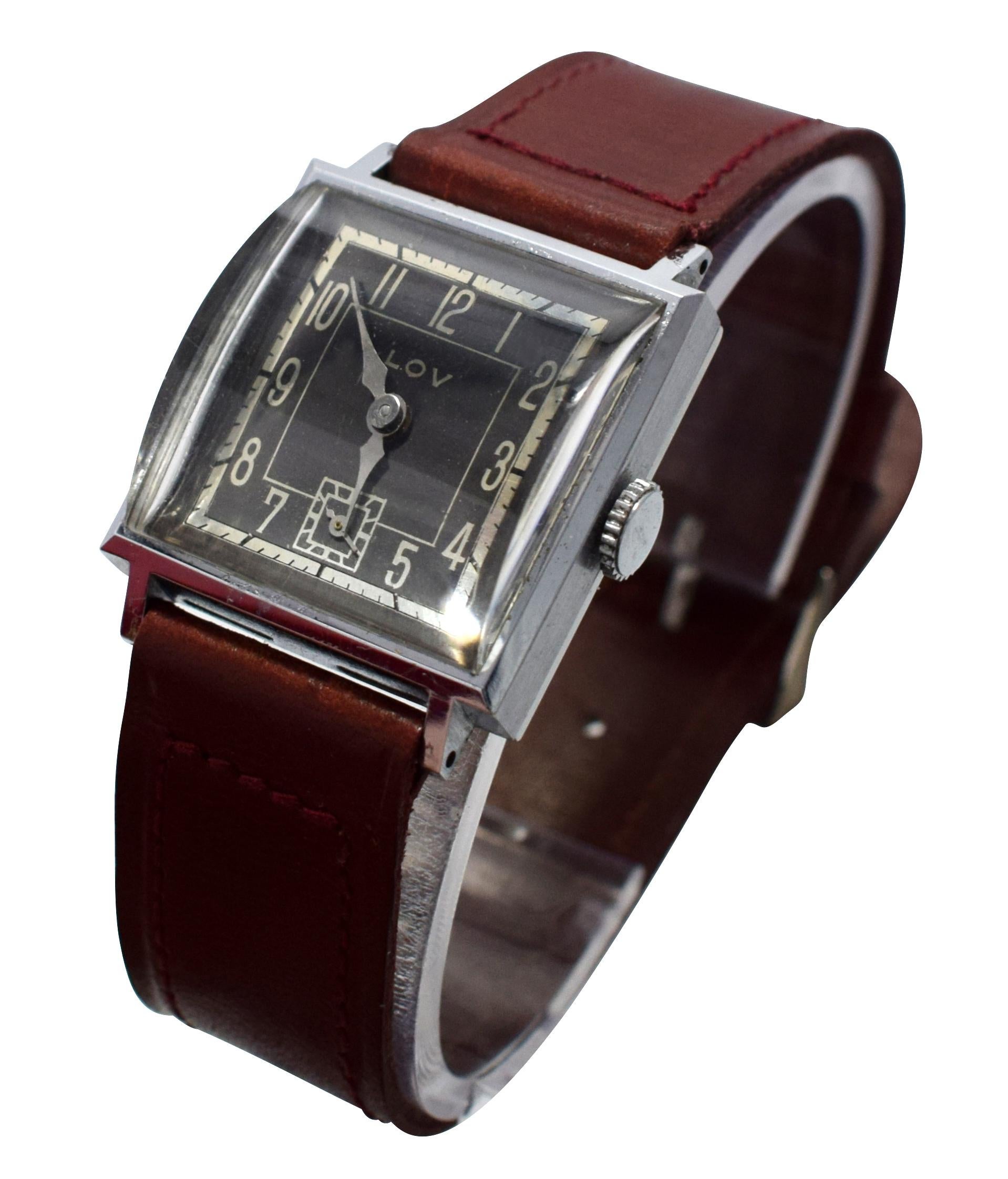 Original Art Deco Gents Wrist Watch by Lov or Never Worn, circa 1930 In Excellent Condition In Westward ho, GB